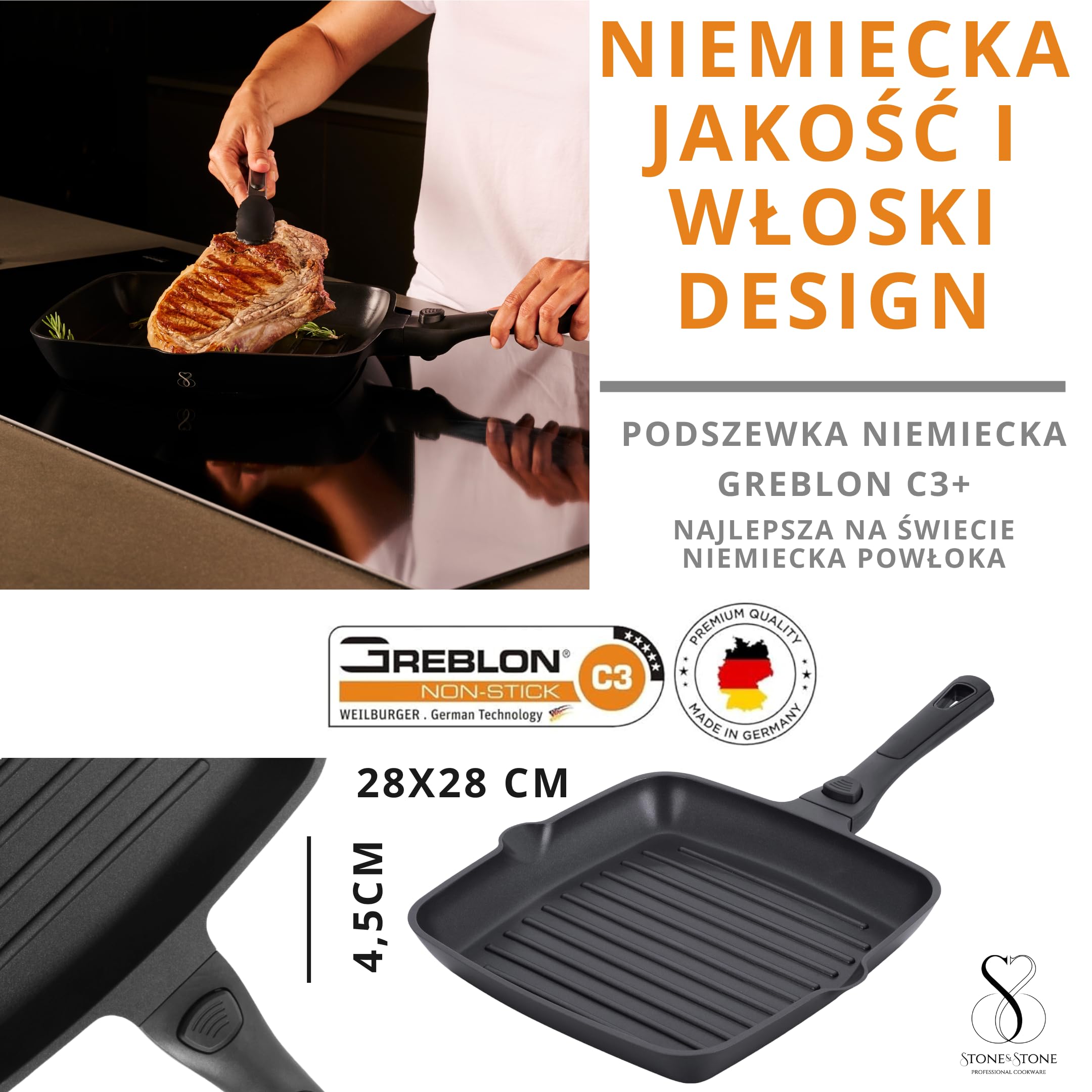 Stone&Stone Patelnia Grillowa 28 cm Kwadratowa, Nieprzywierająca z Ceramiczną Powłoką, Zdejmowany Uchwyt, na Indukcję, Gaz i do Piekarnika, Stalowe Dno, Bez PFAS, PFOA i PTFE