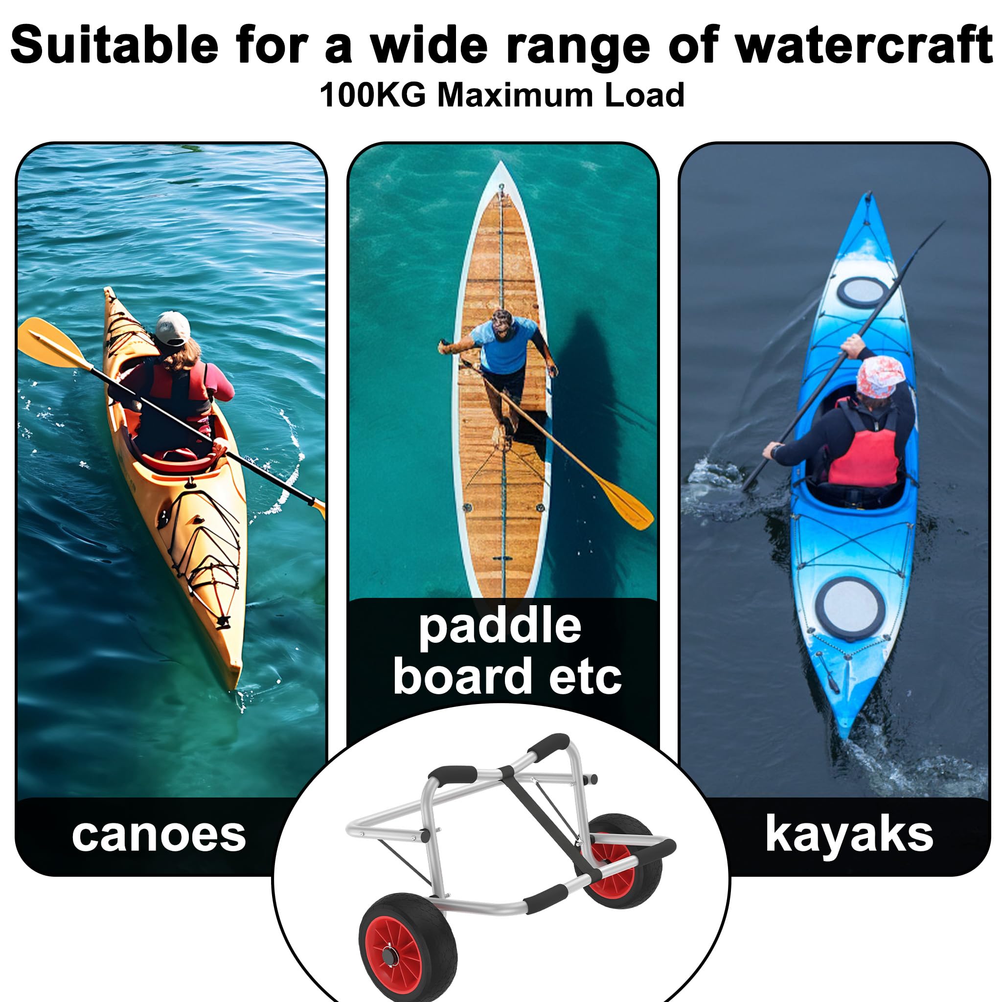 AufuN Kajakwagen bis 100KG, Faltbarer Alu Bootswagen Kanuwagen Transportwagen mit 2 PU-Räder & Spannriemen Surfwagen Bootstrailer für Schlauchboot Kanu Kaja, Paddleboards, Jon-Booten