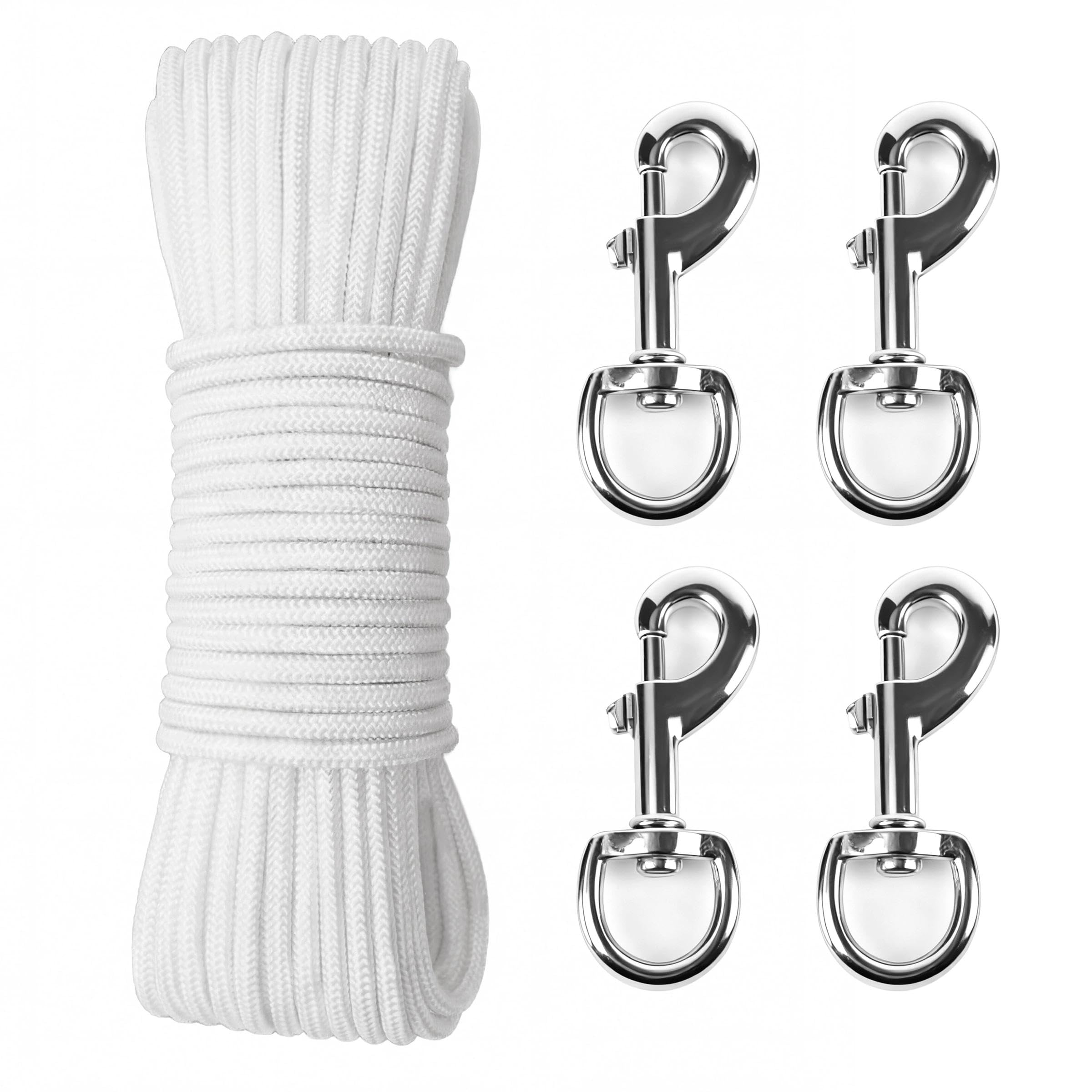 ZHABAYEN 30M Flag Pole Rope with 4 Pcs Zinc Alloy Swivel Snap Hooks, 6mm Thick Polyester Flagpole Rope, Double Braided, White Flag Halyard Kit for Outdoor, Camping, Swing, Clothesline, Garden