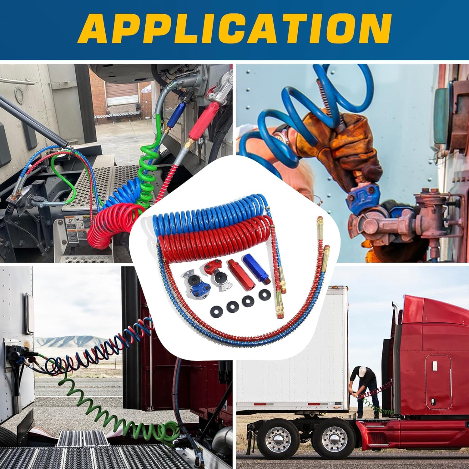15Ft Coiled Air Brake Hoses Assembly and Accessory Kit 40'' & 12'' Pigtails Leads, Semi Truck Red Blue Coiled Air Brake Lines with Aluminum Glad Hands & Extension Handle Grips & Rubber Seals