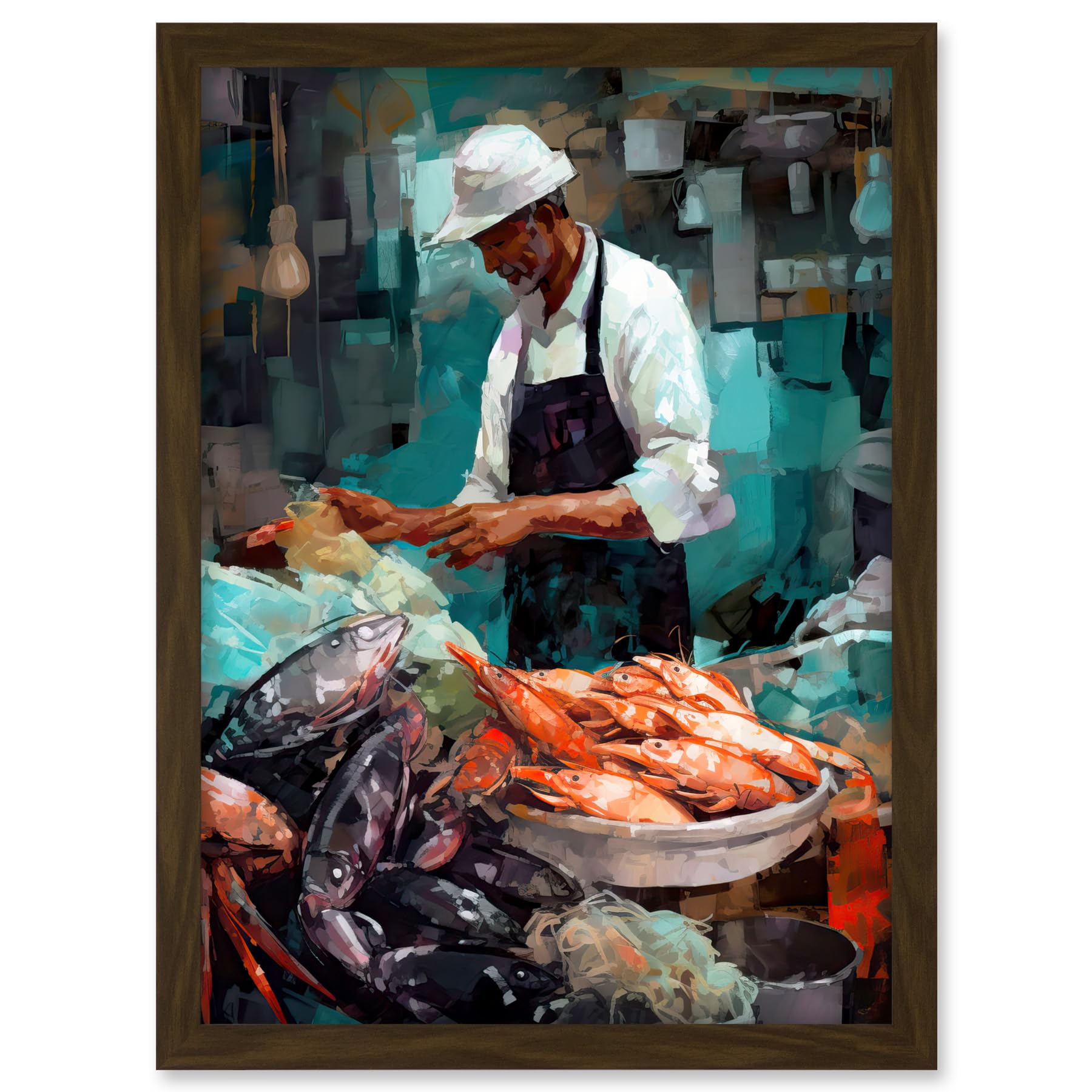 Artery8 Market Fishmonger Selling Fresh Catch Seafood Artwork Framed A3 Wall Art Print