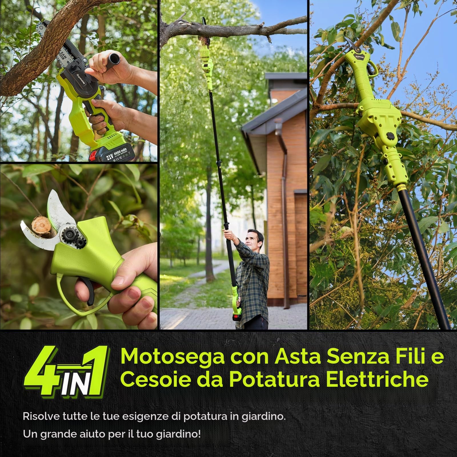 Supstable 4 in 1 Kit Motosega a Batteria Telescopica 6 Pollici 33 mm con 8000 mAh Batterie 4,8 m