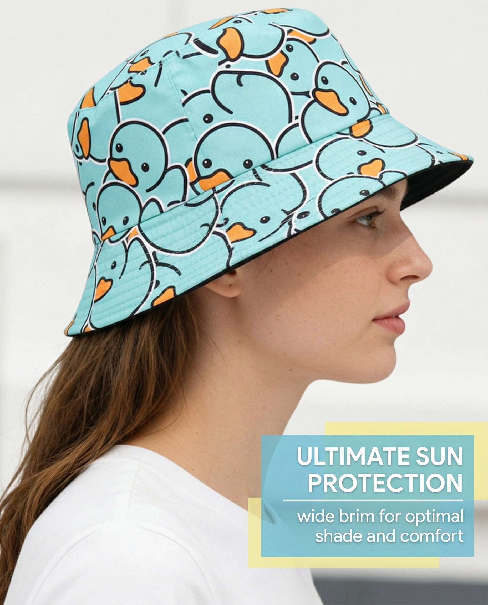 Sombrero Divertido para el Sol de Verano, Gorro de Pescador Reversible con Ala Ancha, Diseño de Pato Amarillo para Niños y Adultos, Unisex (Amarillo)