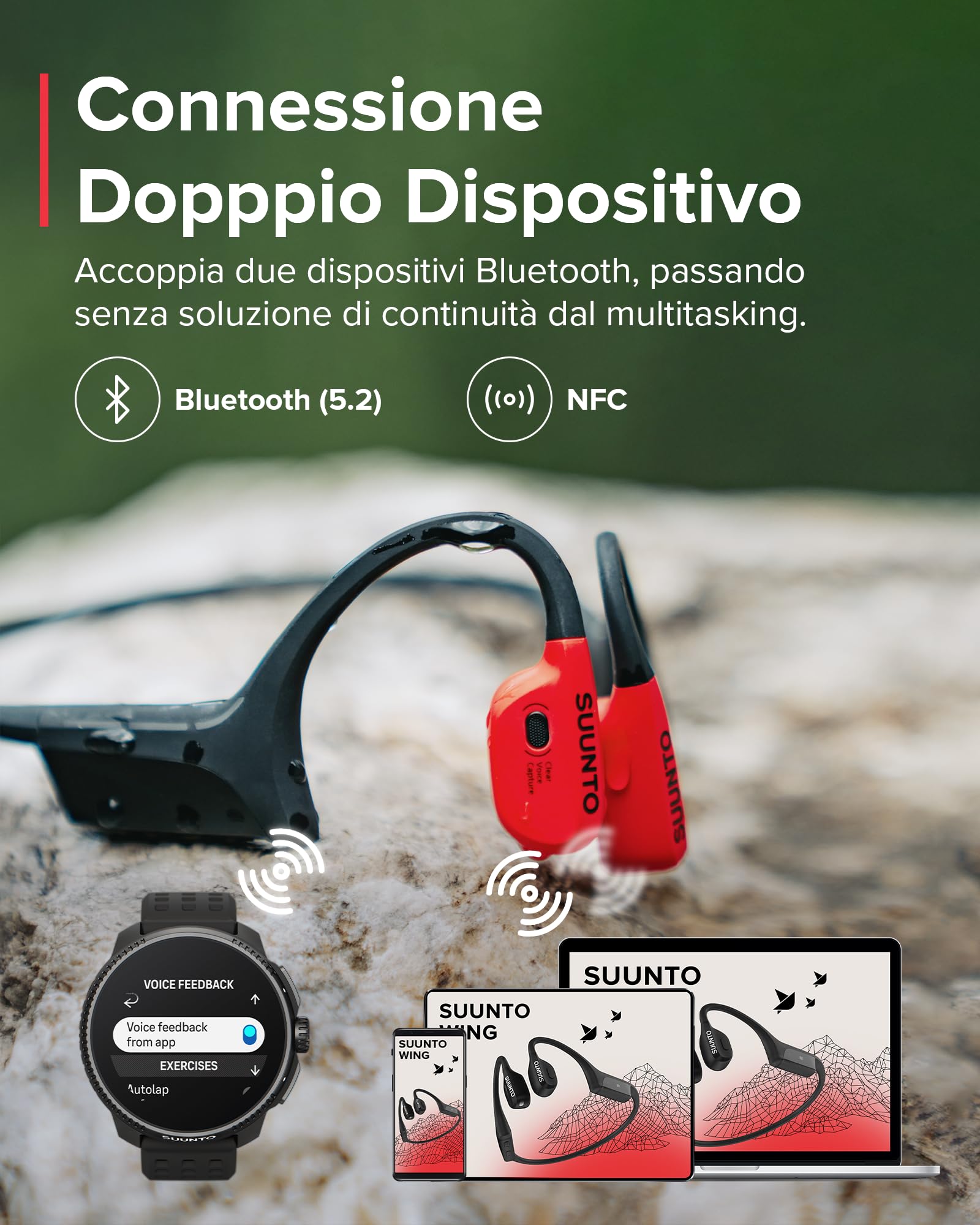 SUUNTO Wing Cuffie Conduzione Ossea Senza Fili, Auricolari Sport Bluetooth 5.2 Wireless Open Ear Impermeabili IP67, Controllo del Movimento della Testa, Luce LED, Autonomia di 10 Ore, per Corsa