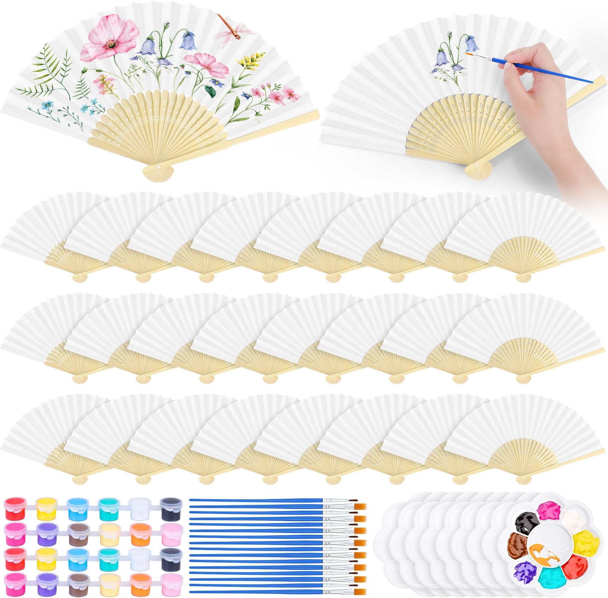Aneco 96 Piece 24 Sets Blank Paper Fans with Acrylic Paint Brush Decorative Painting Fan DIY Crafts Natural White Folding Hand Fans Bulk for Wedding Outdoor Party Favors Home Gift Photography Props