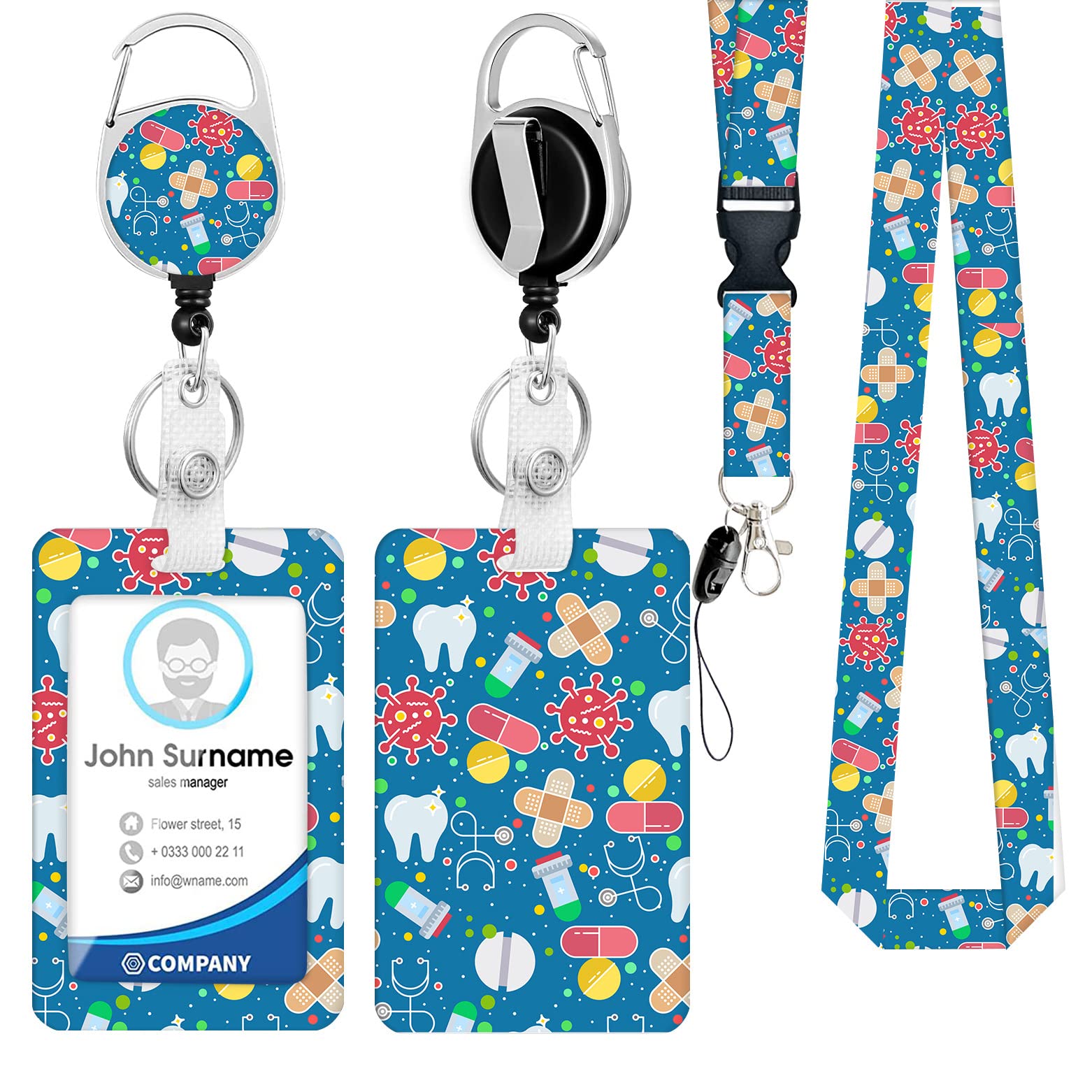 melalaNurse Theme Retractable Badge Reel Clips with ID Badge Holder and Lanyard Set, Fashionable Cute Nurse Stethoscope ID Card Badge Clip with Holder Lanyard for Doctor Nurse Week Gift (Blue)