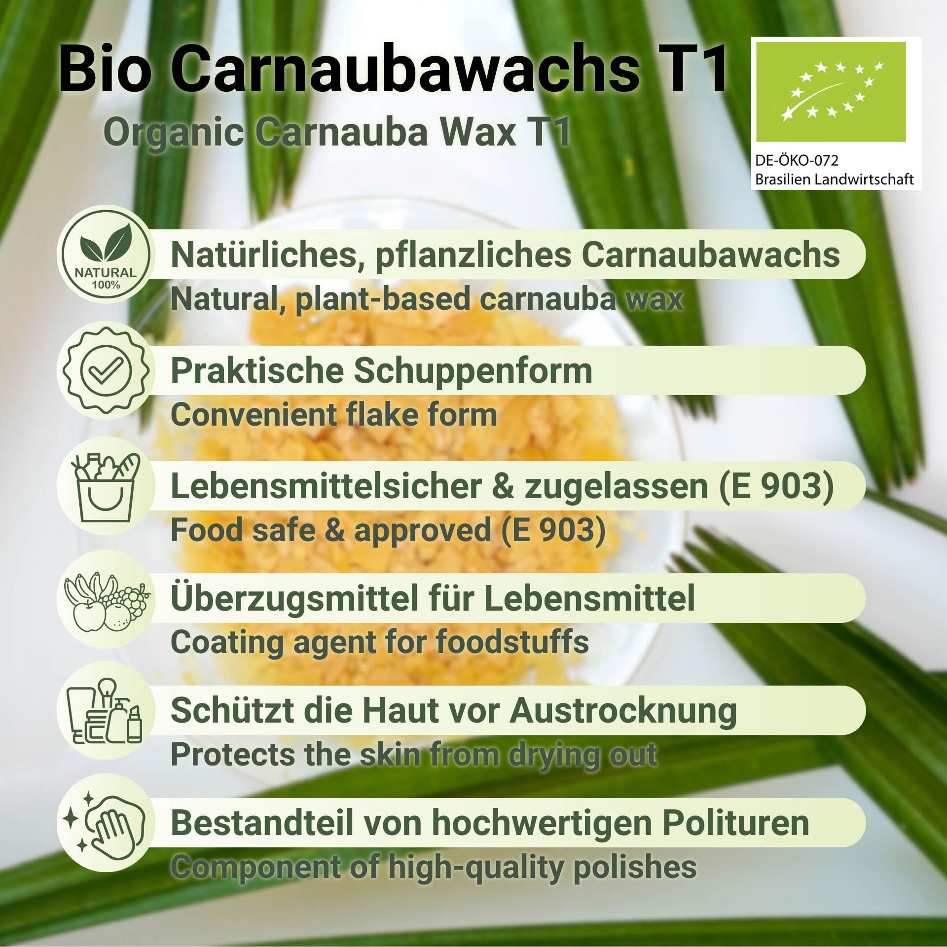 Bio Carnaubawachs T1 Primagelb 2,5kg – Veganes Pflanzenwachs, Lebensmittelqualität E903