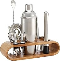 Amazon Basics 10-Piece Stainless Steel Cocktail Shaker Bar Tool Set with Bamboo Stand - Rust-Proof Home Bartending Kit, Ideal Housewarming Gift