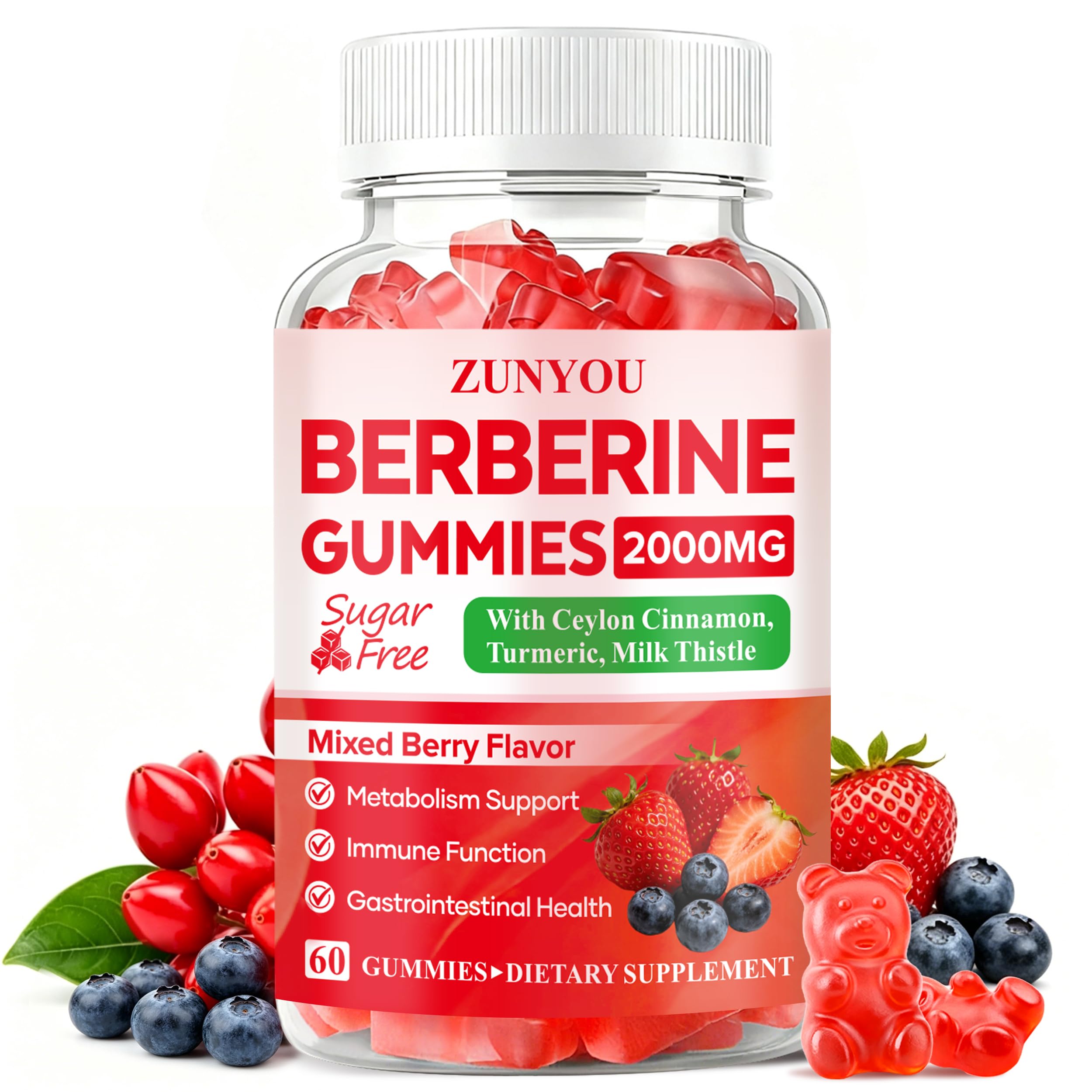 ZUNYOU Suplemento fitoterápico em gomas de berberina HCL e canela-do-Ceilão, 2000 mg por porção, 60 gomas