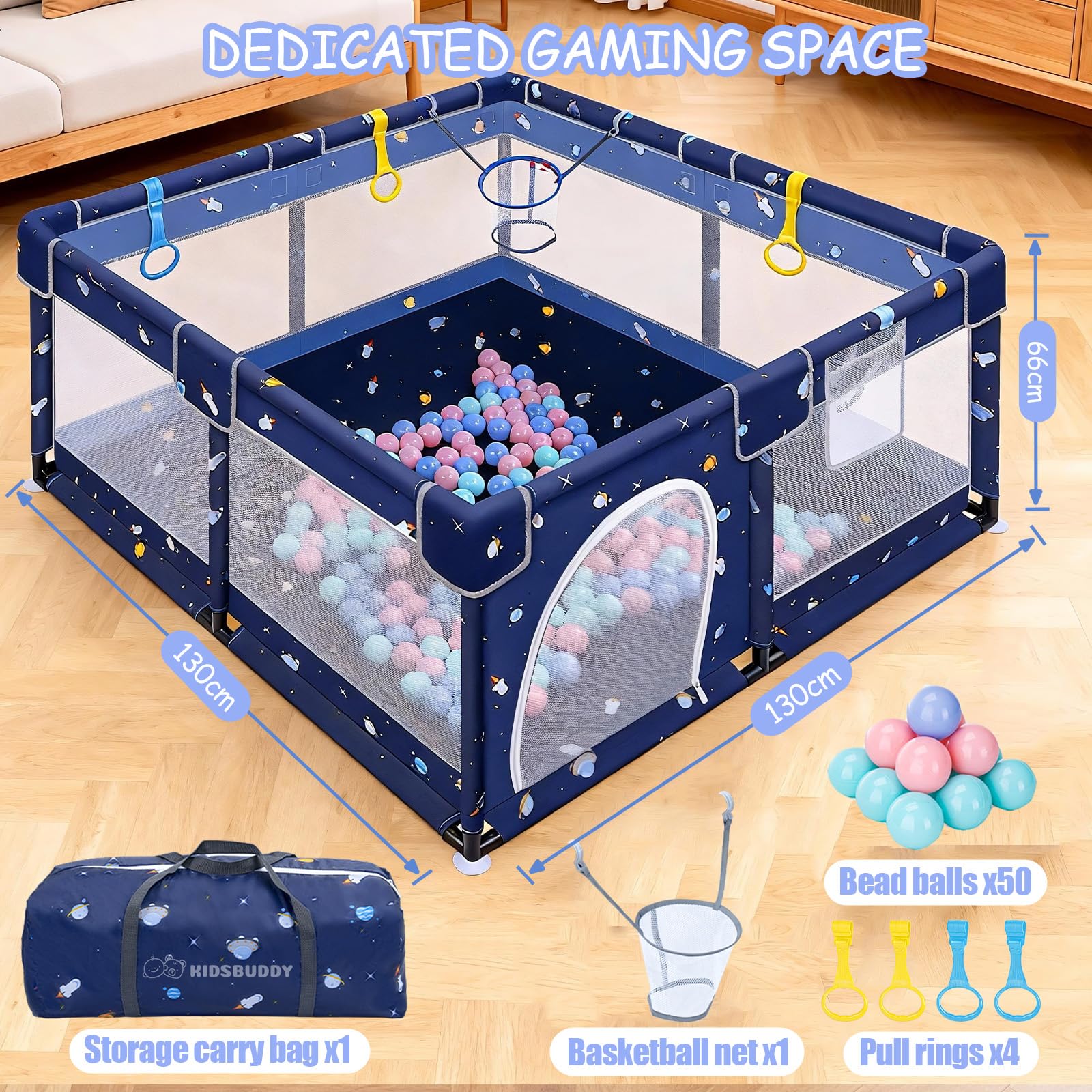 Verdego Laufstall Baby 130 x 130 x 66 cm, Laufgitter Baby, Laufstall Faltbar mit Zugringen, Bällen, 210D Oxford, Atmungsaktivem Netz, Sicherheitsspielplatz Schutzgitter für Kinder (Tiefblau)