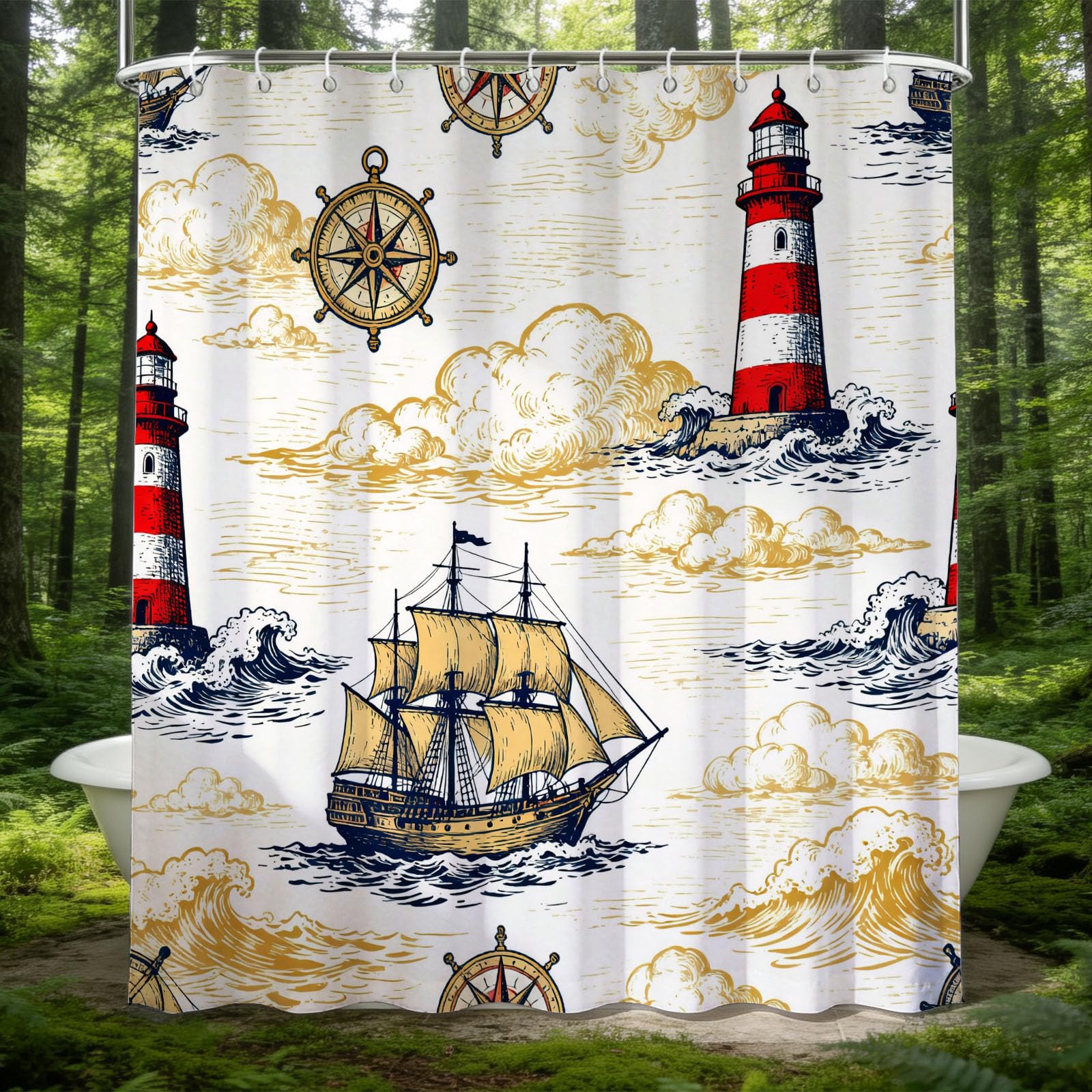 Hongduo 3D Lighthouse and Sailboat Shower Curtain for Stalls Bathtubs Ocean Theme Bathroom Decor Shower Curtain Set Polyester Fabric Waterproof 200x200cm/79X79 Inch with Hooks