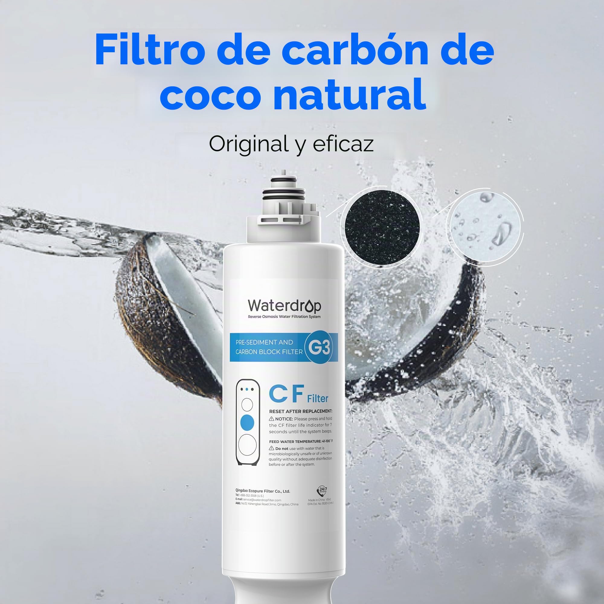 Waterdrop Filtro WD-G3-N1CF, 6 Meses de Vida Util, Recambio Para el Sistema de Osmosis Inversa WD-G3-W, Pack de 2 Unidades