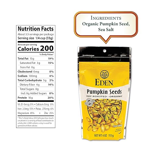 Miniatura 2 de Eden Semillas de calabaza orgánicas, sin cáscara, tostadas en seco y ligeramente saladas al mar, para comer, 4 onzas (paquete de 6)