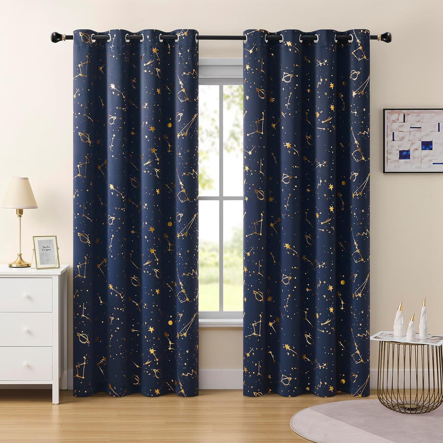 Navy Full Blackout Window Curtains Stellar Metallic Noise Reducing Panels 84 Inches Long Grommet Top for Kid,Thermal Insulation Window Treatment for Boy Girl Bedroom Living Room,52Wx84Lx2