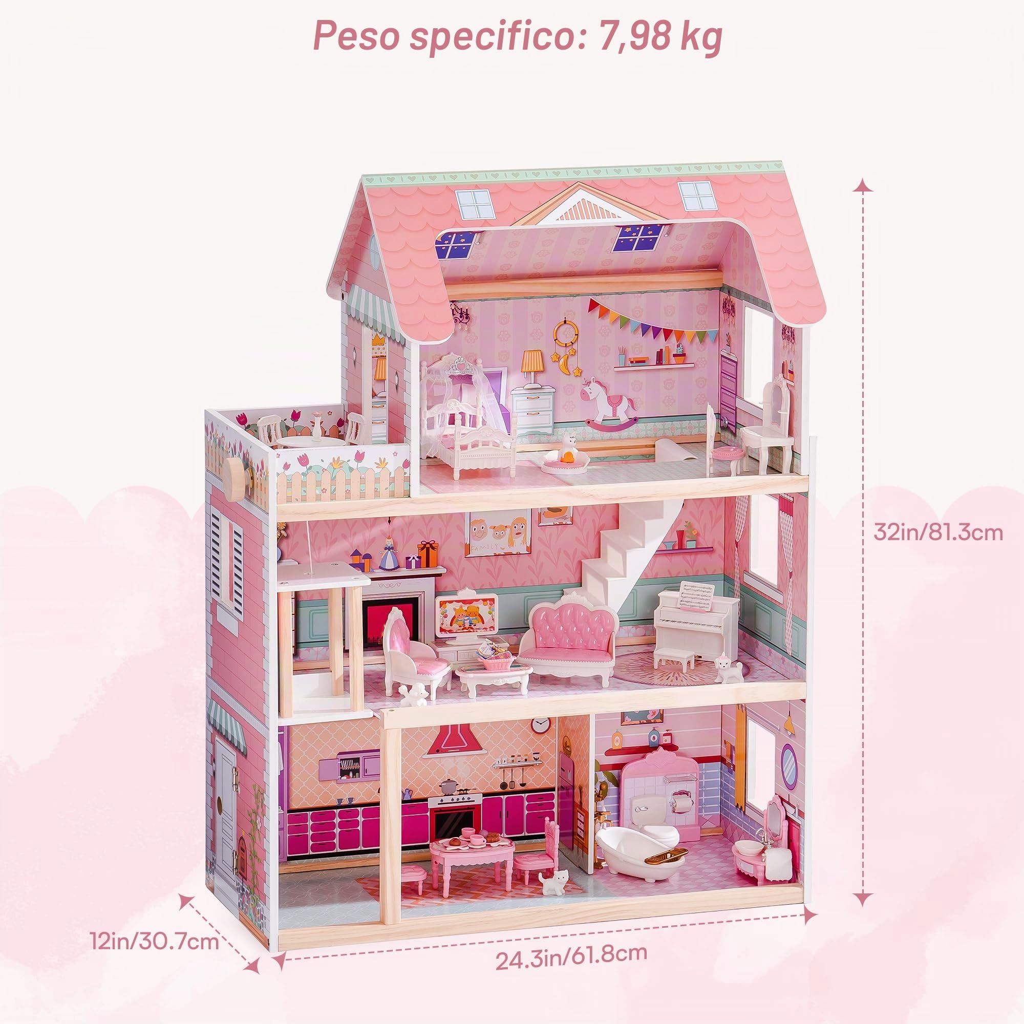 ROBUD Casa delle bambole in legno per bambini, regalo per ragazze e ragazzi di 3, 4, 5, 6 anni