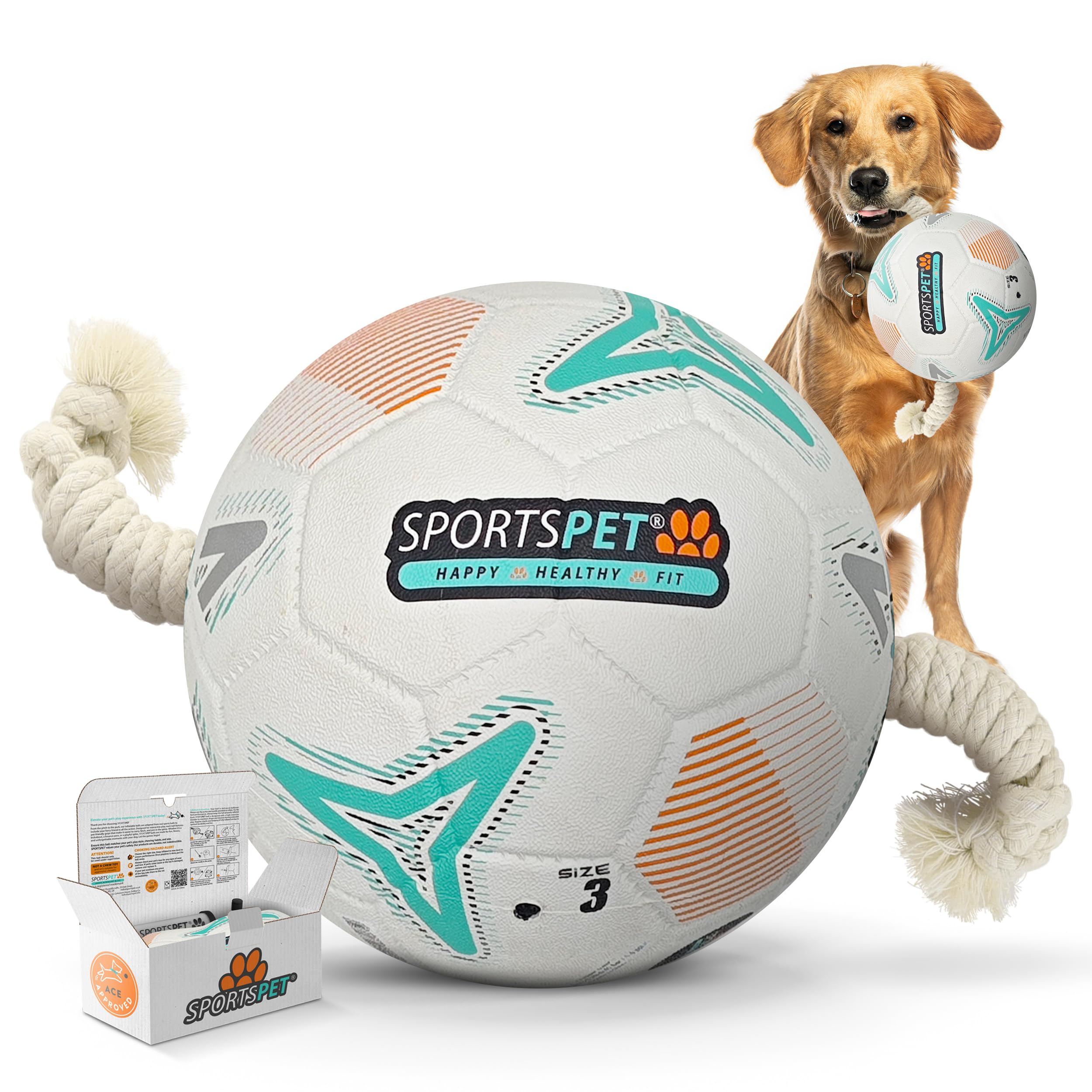 SPORTSPET Tug Rope Dog Football, Durable Interactive Dog Ball Toy for Tug of War & Fetch, Tough Outdoor Dog Toy for Medium & Large Dogs, Dog Birthday Gift (White - Medium)