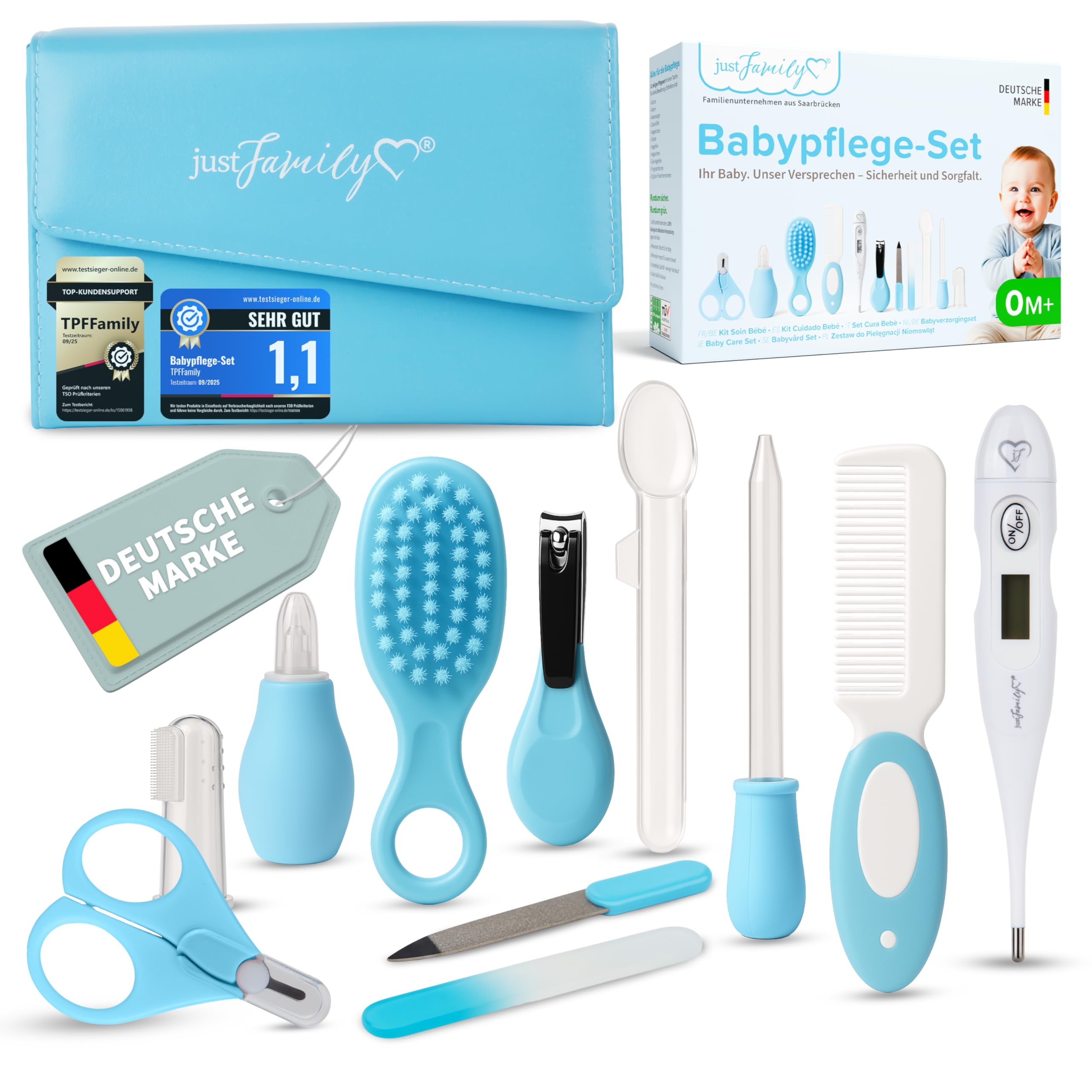 TPFFamily Baby Pflegeset Neugeborene (Blau) – 10-teiliges Set mit hochwertiger Baby Nagelschere, Nasensauger, Bürste und mehr – Ideal als Erstausstattung und die tägliche Pflege