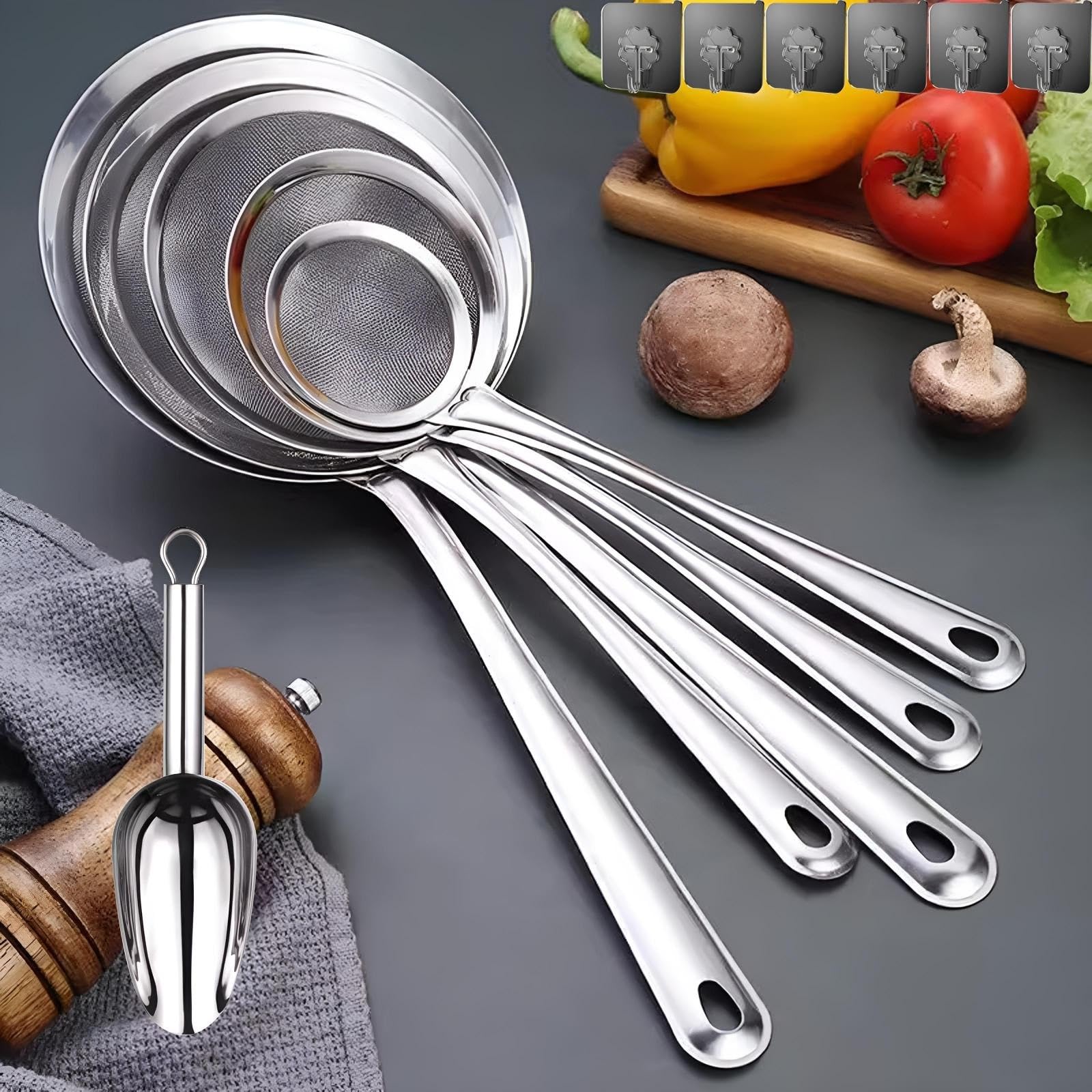 Set di 5 setacci e colini, a maglia fine, 8/10,5/13,5/16/18 cm, setaccio in acciaio inox 304, setaccio fine per uso domestico, per cottura, farina
