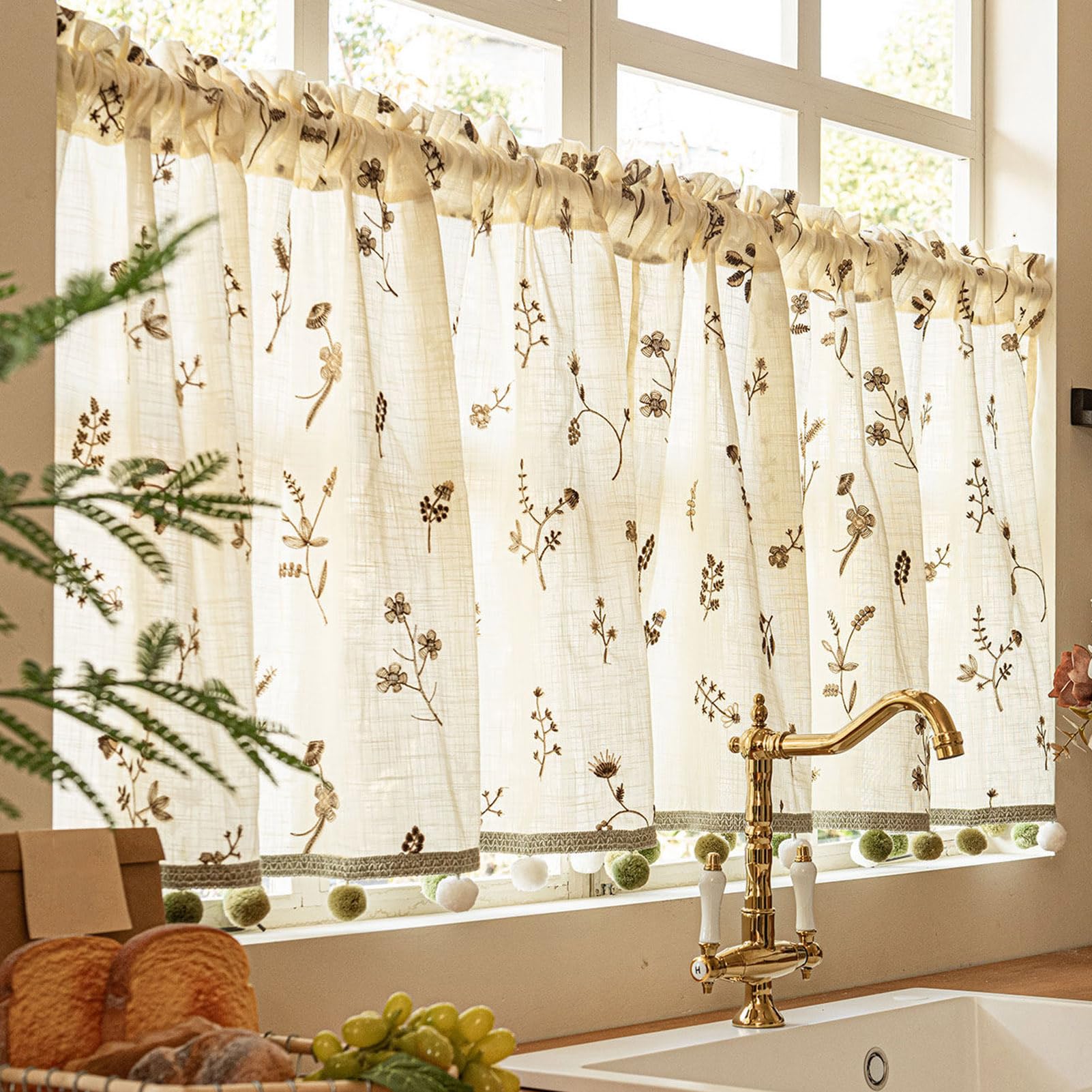 ZZYK Linen Short Kitchen Valances with Tassels,Beige Washed Farmhouse Printed Small Window Rod Privacy Curtains for Living Room Cafe Basement RV,79" W x 39" L(Pack of 1)