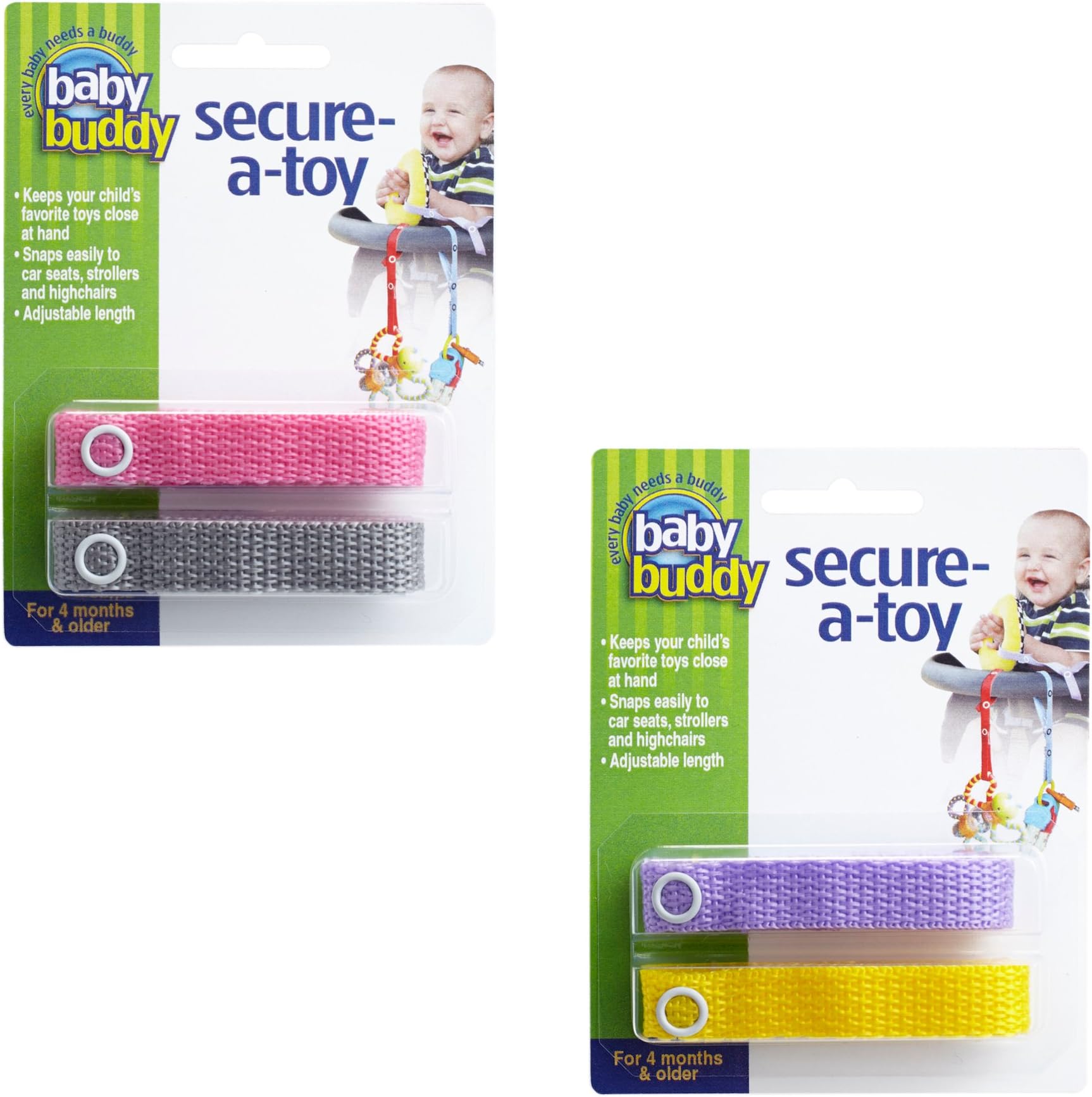 Baby Buddy Secure-a-Toy, Adjustable Pacifier and Teether Strap for Stroller, Highchair, and Car Seat, Pink Gray Lilac Yellow, 4 Pack