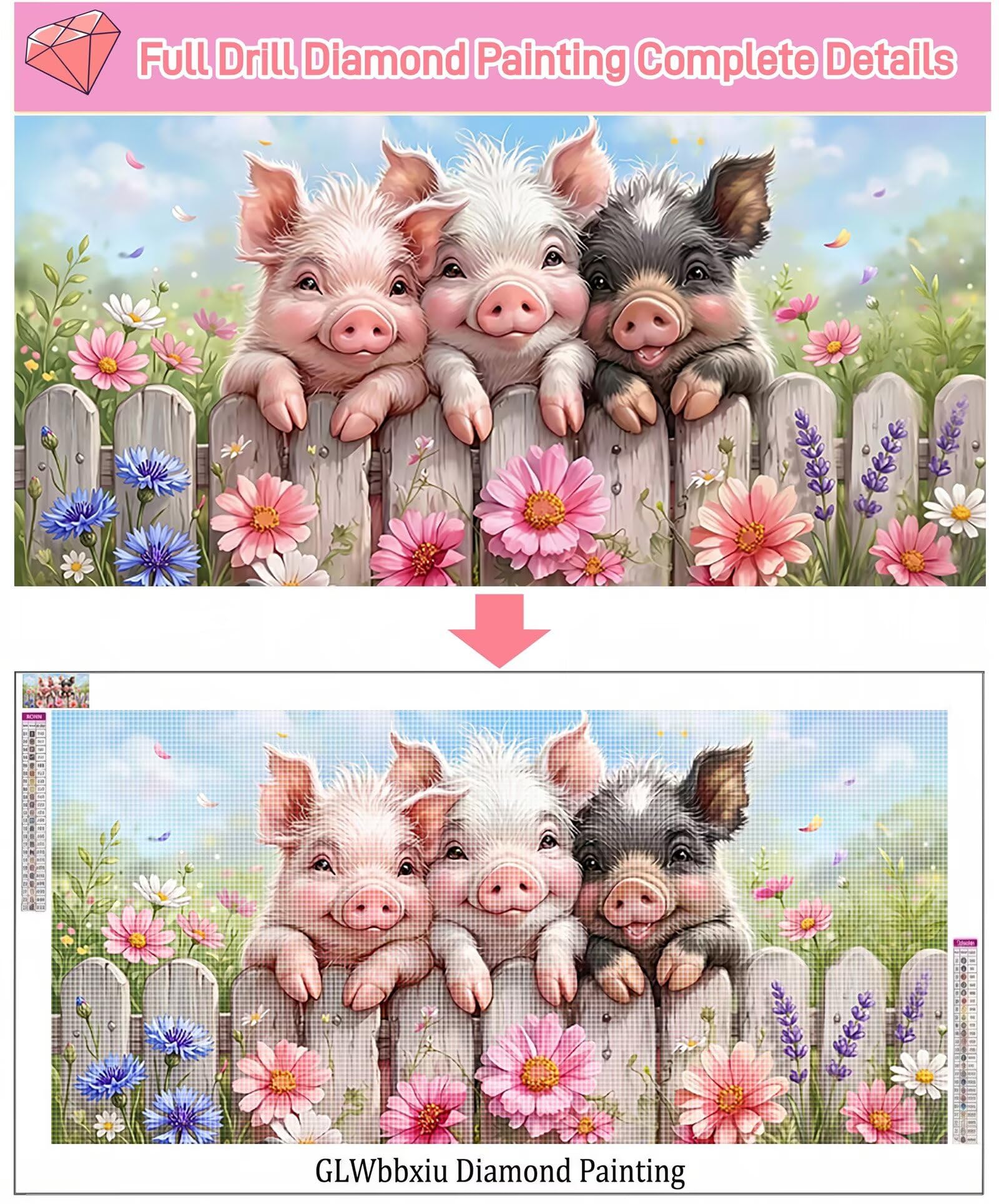 Diamond Painting Tier Diamond Painting Erwachsene XXL Schwein, 5D Full Runder Drill Diamanten Malen Nach Zahlen DIY Set Mosaik Bastelset Kreativ Set für Erwachsene Home Decor Wanddeko 80x160cm,Cod-961