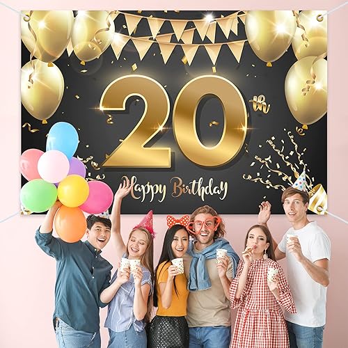 Miniatura 7 de HAMIGAR Fondo de pancarta de feliz cumpleaños 20 de 6 x 4 pies, decoraciones de cumpleaños de 20 años, suministros de fiesta para mujeres y hombres,