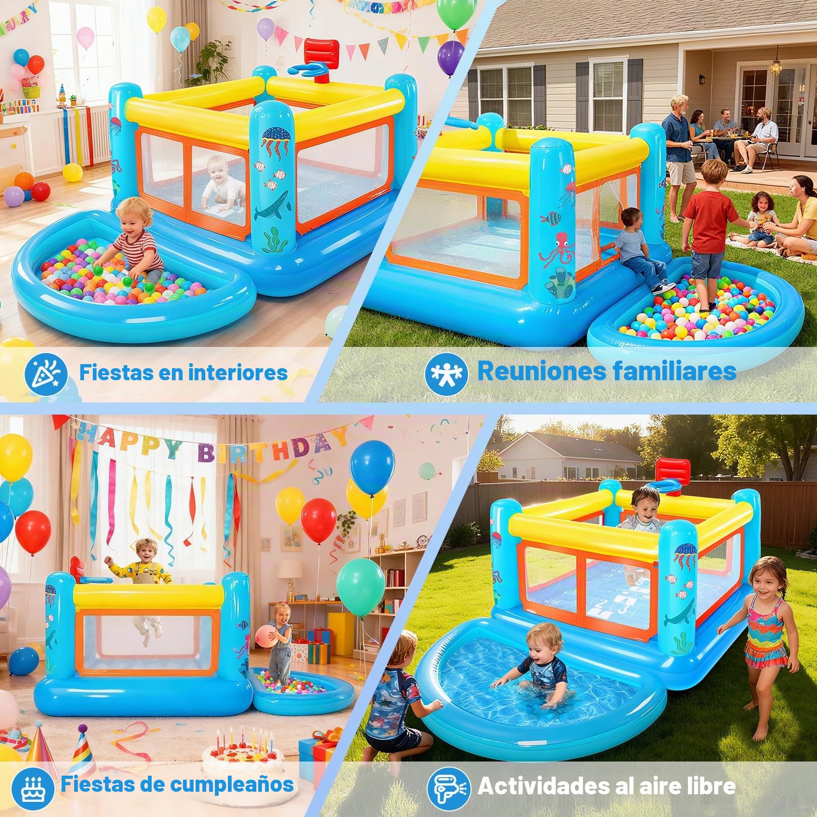 Castillo Hinchable para niños de 3 a 6 años, pequeña casa de Juegos Hinchable de PVC con cojín para Saltar, Piscina de Bolas extraíble, Canasta de Baloncesto y Juego de Saltar, Incluye Bomba de Aire