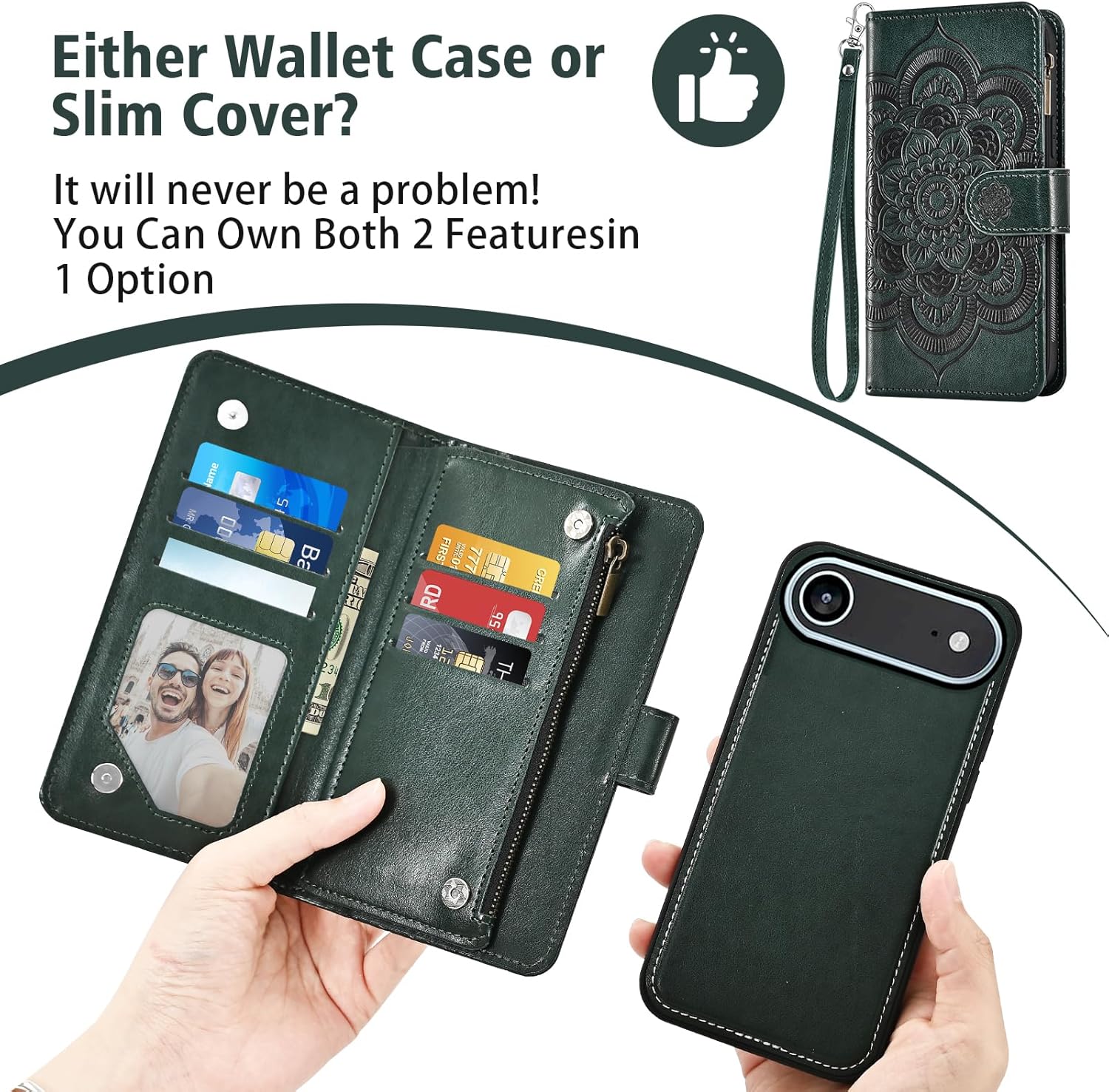 Asuwish Phone Case for iPhone 17 Air 6.5 inch Zipper Wallet Detachable Cell Cover with Tempered Glass Screen Protector Crossbody Strap Flower Card Holder i Phone17 i17 17Air Women Men Girls Dark Green