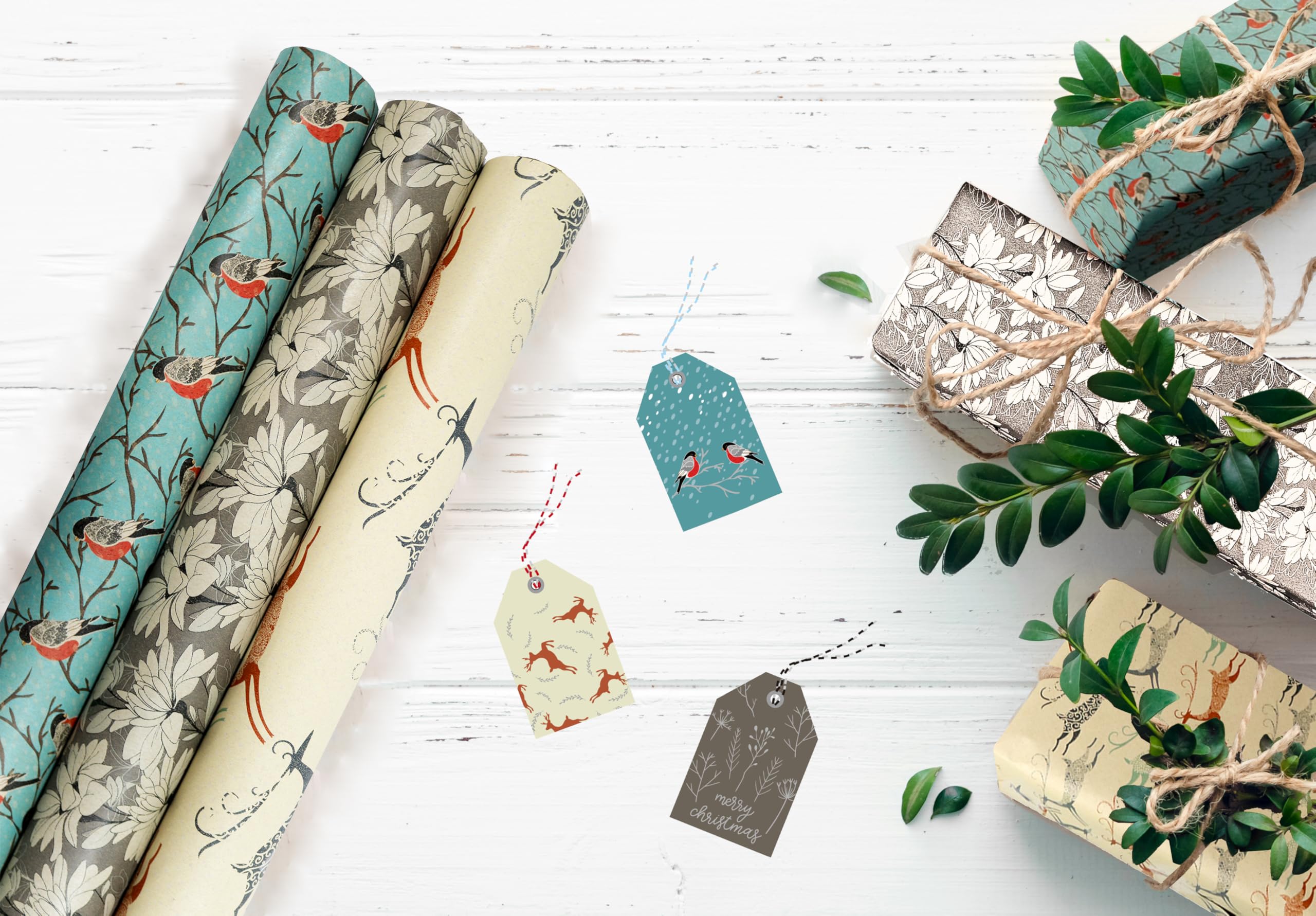K-Kraft Élégant papier cadeau de Noël (oiseaux de neige, cerf, fleurs de glace/kraft marron imprimé), 76,2 cm x 4,6 m, 4,9 m² au total avec ruban adhésif et étiquettes