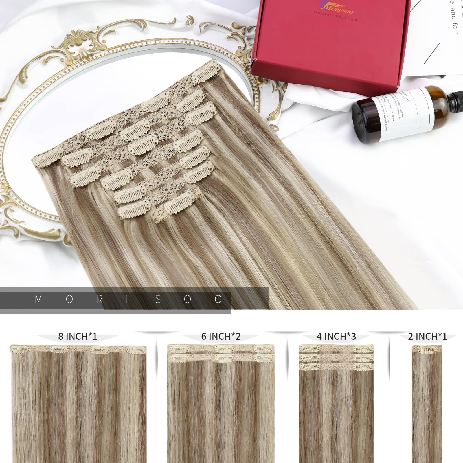 Moresoo Clip in Human Hair Extensions Light Brown with Platinum Blonde Clip in Hair Extensions Balayage Remy Human Hair 16 Inch 7 Pieces/120g #9A/60 - Image 3