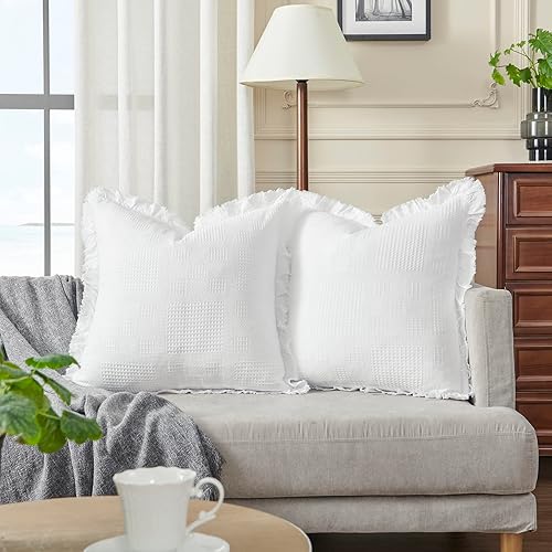 Juego de 2 fundas de almohada de gofre de 24 x 24 pulgadas, fundas de almohada decorativas con patrón cuadrado lavado a la piedra para sofá,