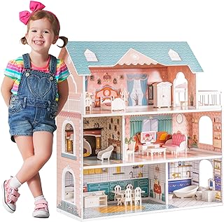ROBOTIME Doll House Wooden Dollhouse for Kids 3 4 5 6 Years Old, Dreamhouse w/28PCS Furniture Plastic, for 3.3â€Dolls, Birthday Presents for Toddler 3+