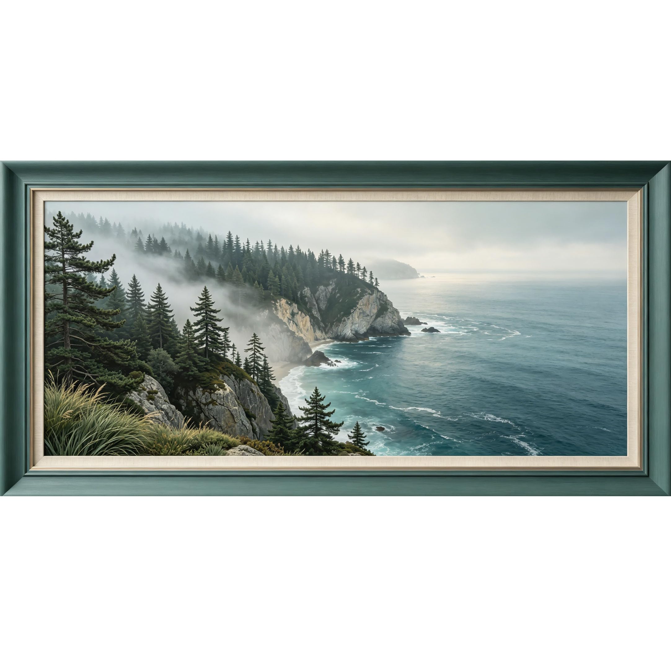Agglomerix 3D Framed Wall Art Misty Pine Forest Ocean Cliff Landscape Coastal Water Scene Large Size SelfAdhesive Removable Wall Decor Prints Artwork for Living Room Bedroom Office