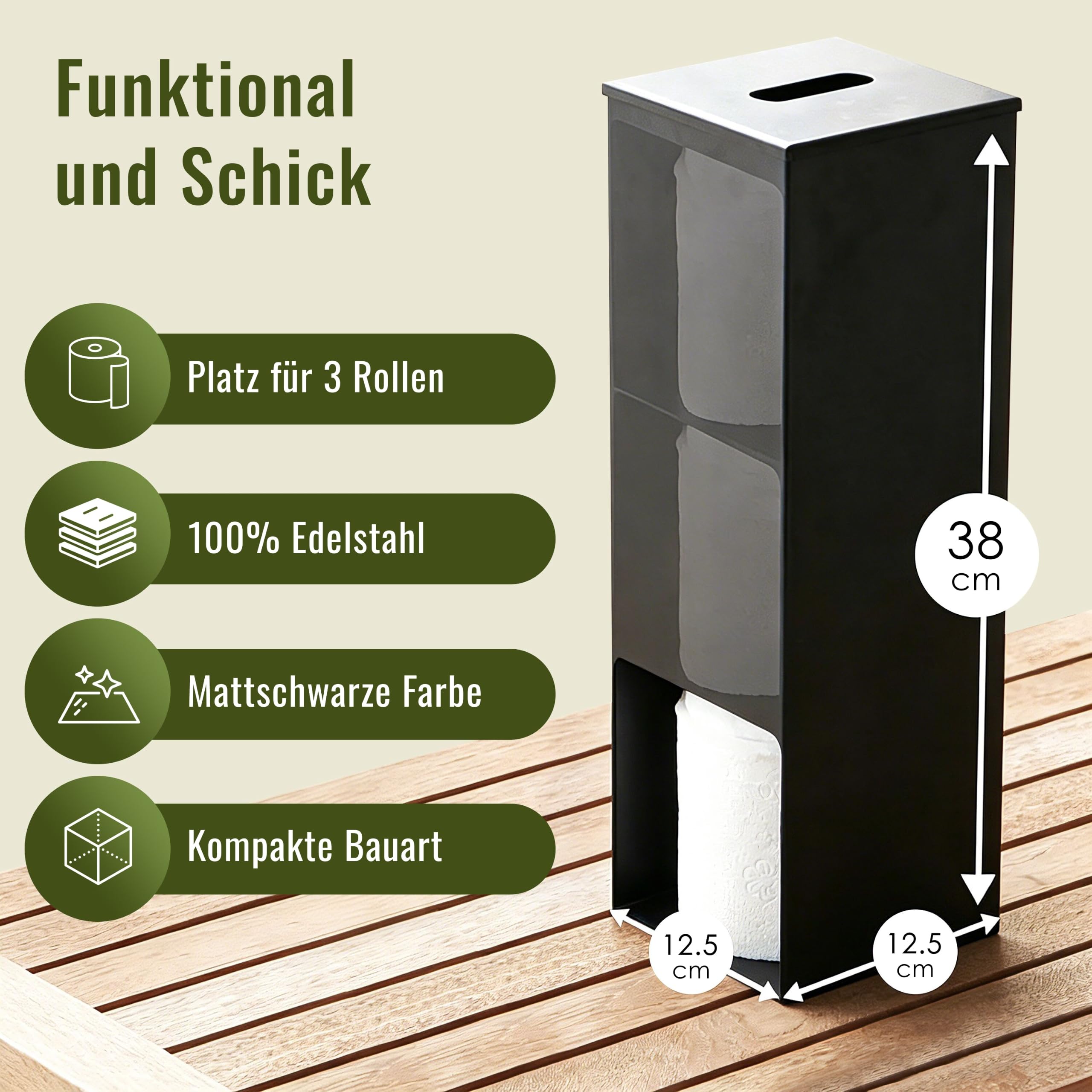 Edelstahl Toilettenpapier Aufbewahrung schwarz matt | Klopapierständer aus Edelstahl für 3 Rollen | Ersatzrollenhalter Toilettenpapier | Toilettenpapierständer | Klopapier Aufbewahrung