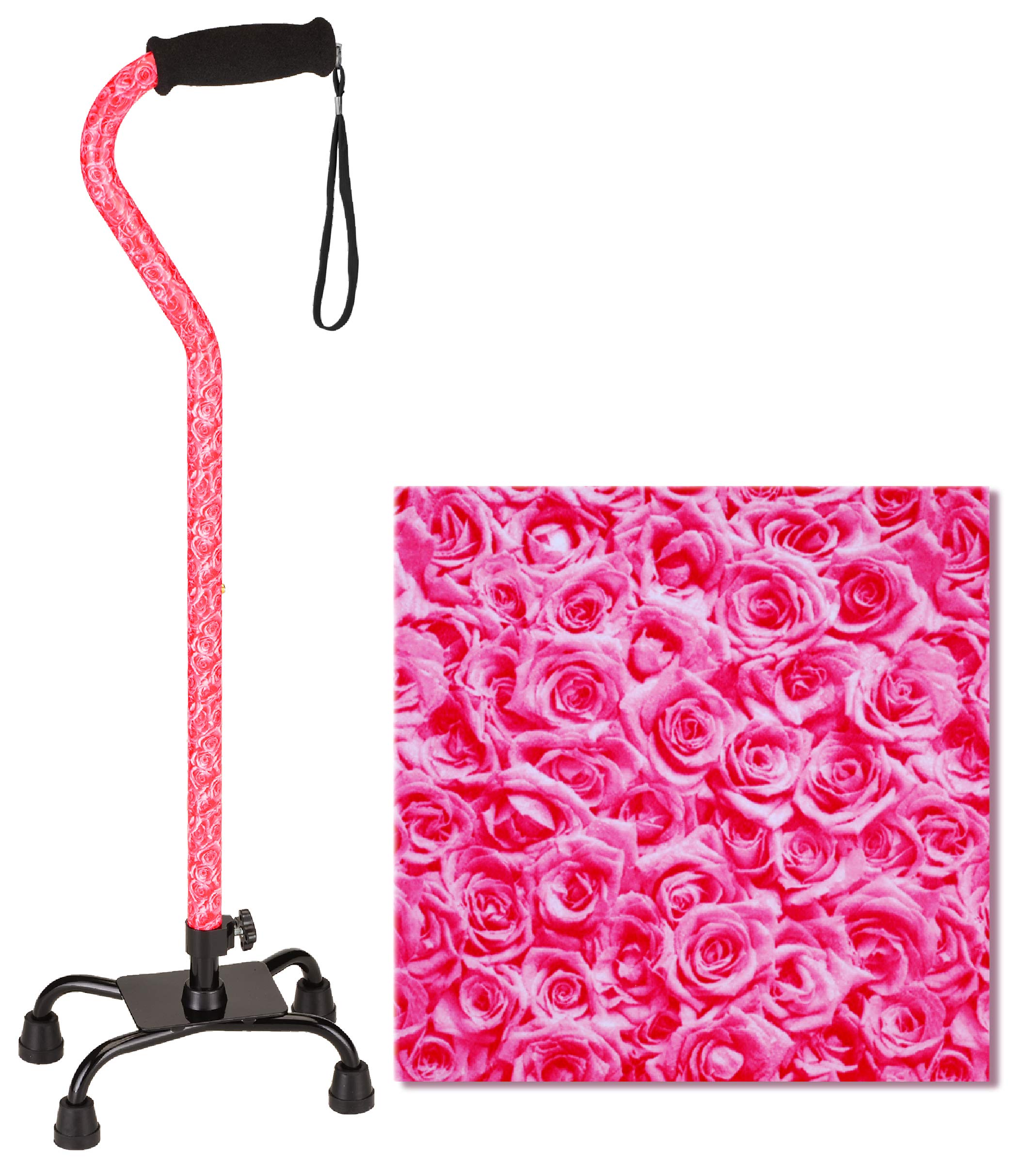 NOVA Designer Quad Cane, Lightweight Four Legged Cane with Soft Grip Handle & Wrist Strap, Height (for users 4’11” - 6’3”) and Left or Right Adjustable, Roses Design