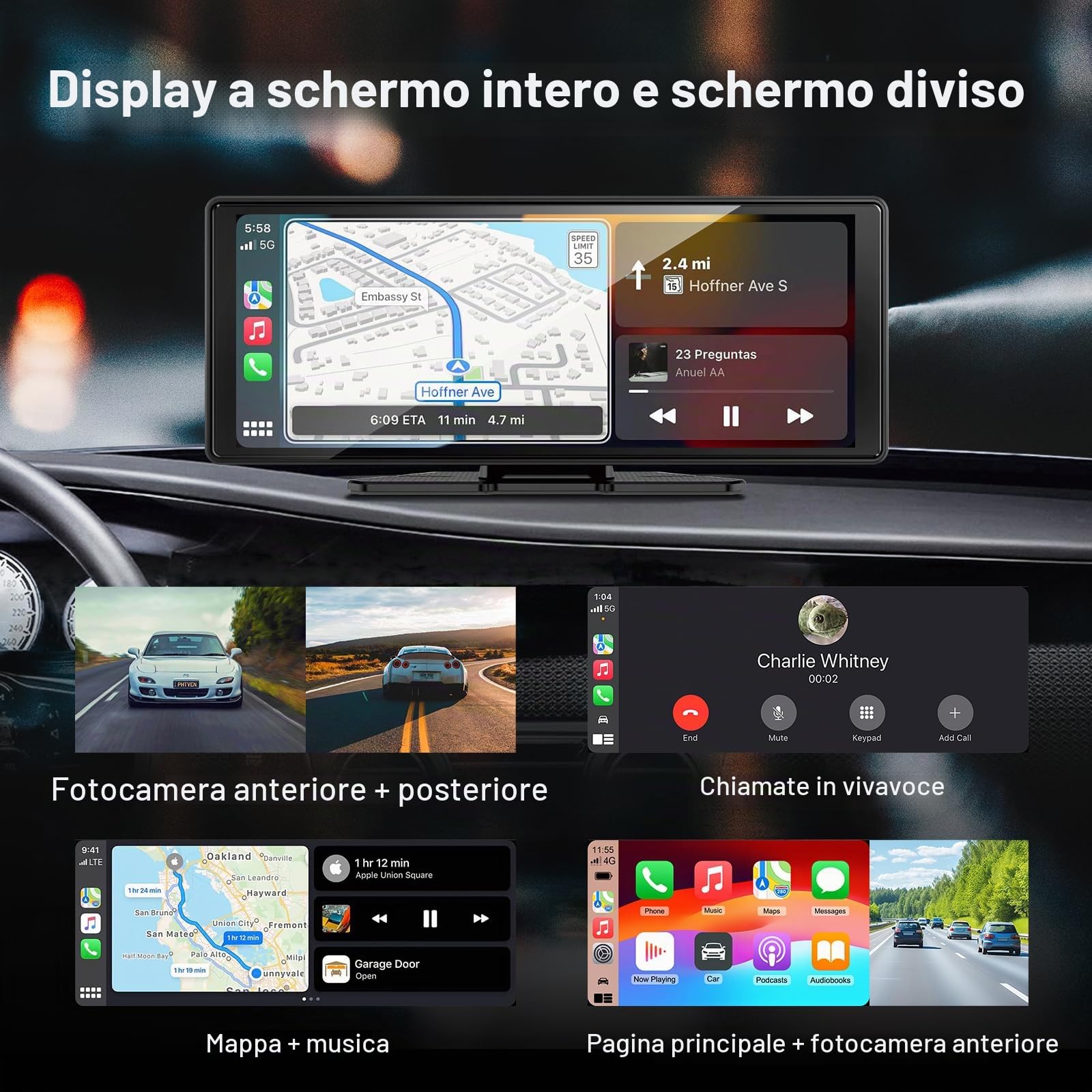10.26" Wireless Carplay Screen Android Auto Wireless Display 4K Dash Cam | Schermo per auto con Navigazione GPS Telecamera Portatile Autoradio Bluetooth Controllo vocale TouchScreen Mirror Link AUX FM