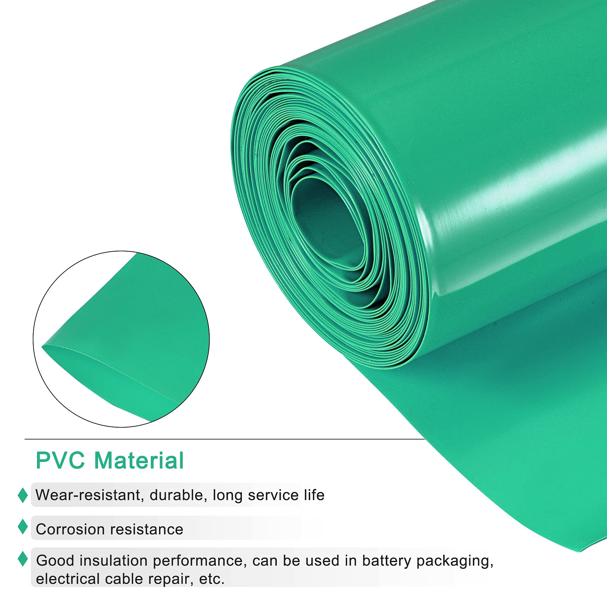sourcing map 150mm Plat Gaine Thermorétractable PVC Enveloppe Batterie 1.5m Vert Clair
