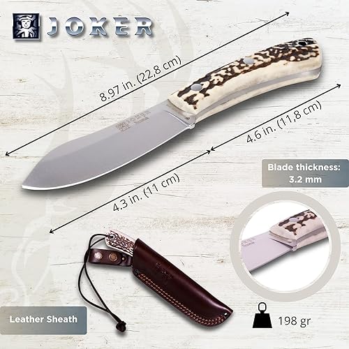 Miniatura 4 de Joker Nessmuk CC136, con mango de cuerno de ciervo de 4.5 pulgadas, hoja de 4.1 pulgadas, incluye funda de cuero en color marrón oscuro. Cuchillo de
