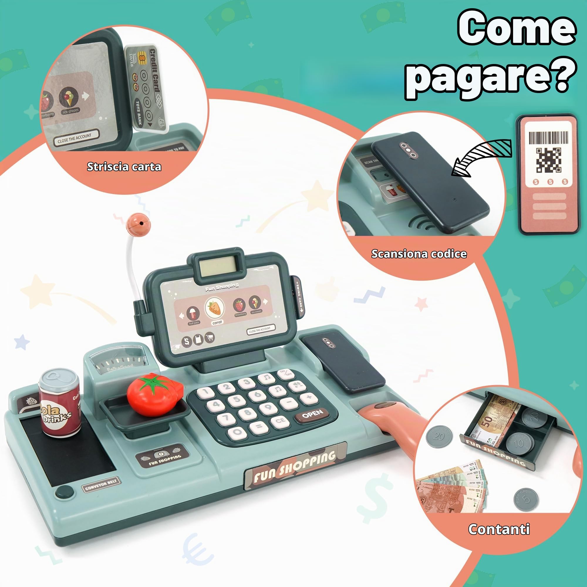 Registratore di Cassa Elettronico Supermercato Giocattolo con Suono, Cibo, Cestino della Spesa Bambina 3 Anni, Supermercato Giocattolo per Bambini con Scanner Microfono