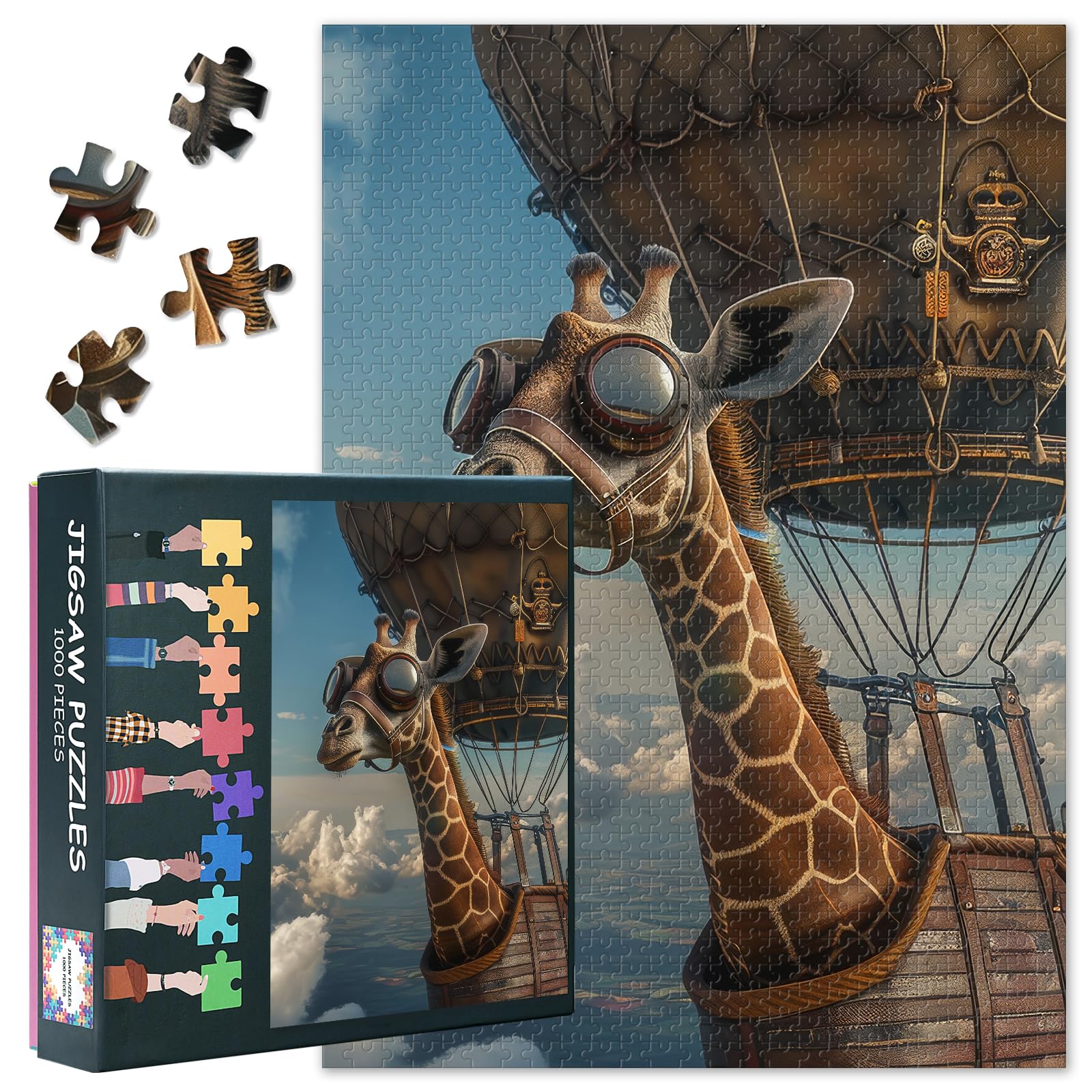 1000 Pieces Challenging Pilot Giraffe Jigsaw Puzzles for Adults Giraffe in a Hot Air Balloon High up in the Sky Jigsaw Puzzle for Adults as Gifts Home Decor Intelligence Puzzles Giraffe 27.5"X19.7"