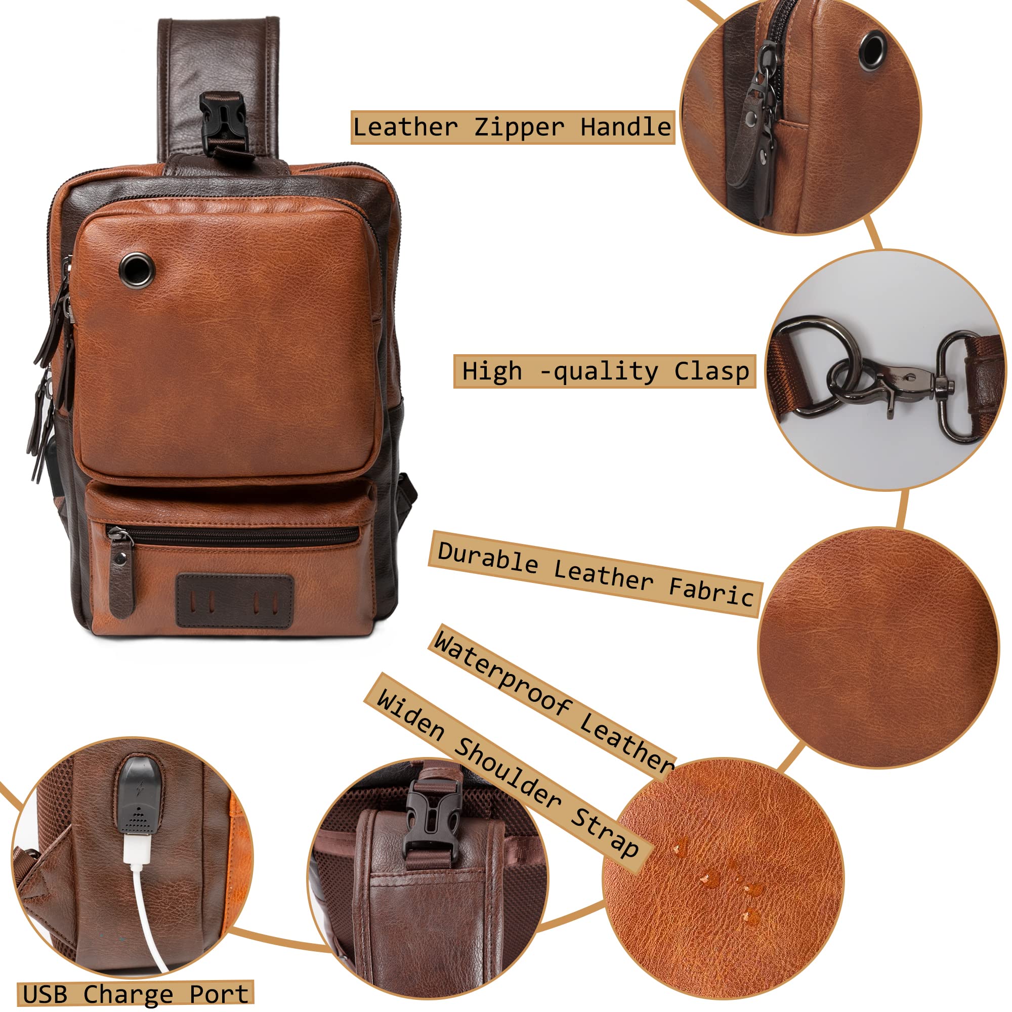AONEGOLD Bolso Pecho Hombre Pequeña Piel Vintage Mochila de Cuero PU Bandoleras Cruzada Sling Bag Crossbody Puerto de Carga USB Bolsos Cruzados