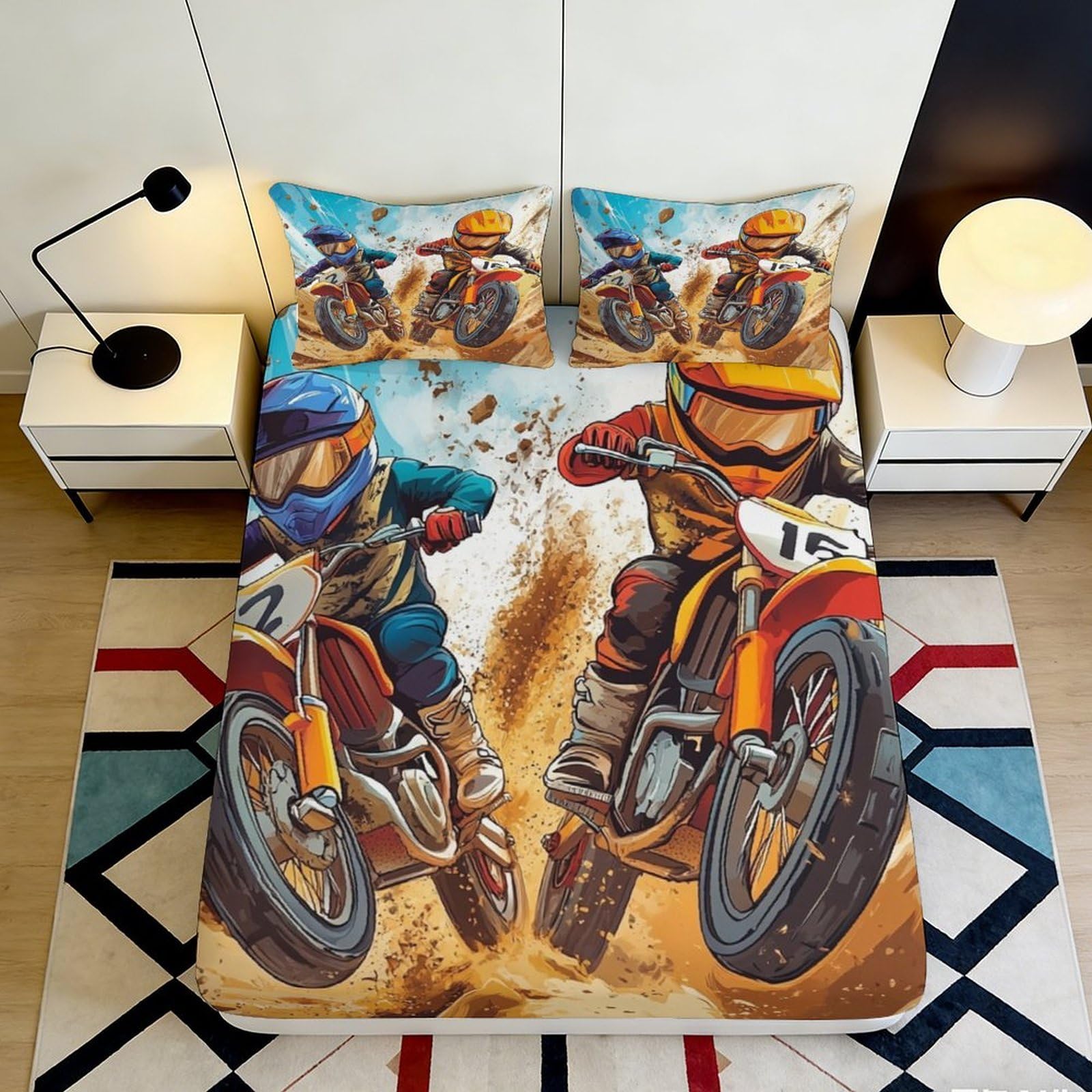 3D Printed Motocross Race Fitted Sheet Microfiber Soft Breathable Dirt Bike Mattress Cover for Bedroom Dorm Decor 90x200x25cm