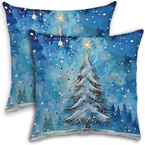 Juego de 2 almohadas ligeras para árbol de Navidad, diseño de copos de nieve, diseño de copos de nieve, lino azul, para exteriores, cojín suave para