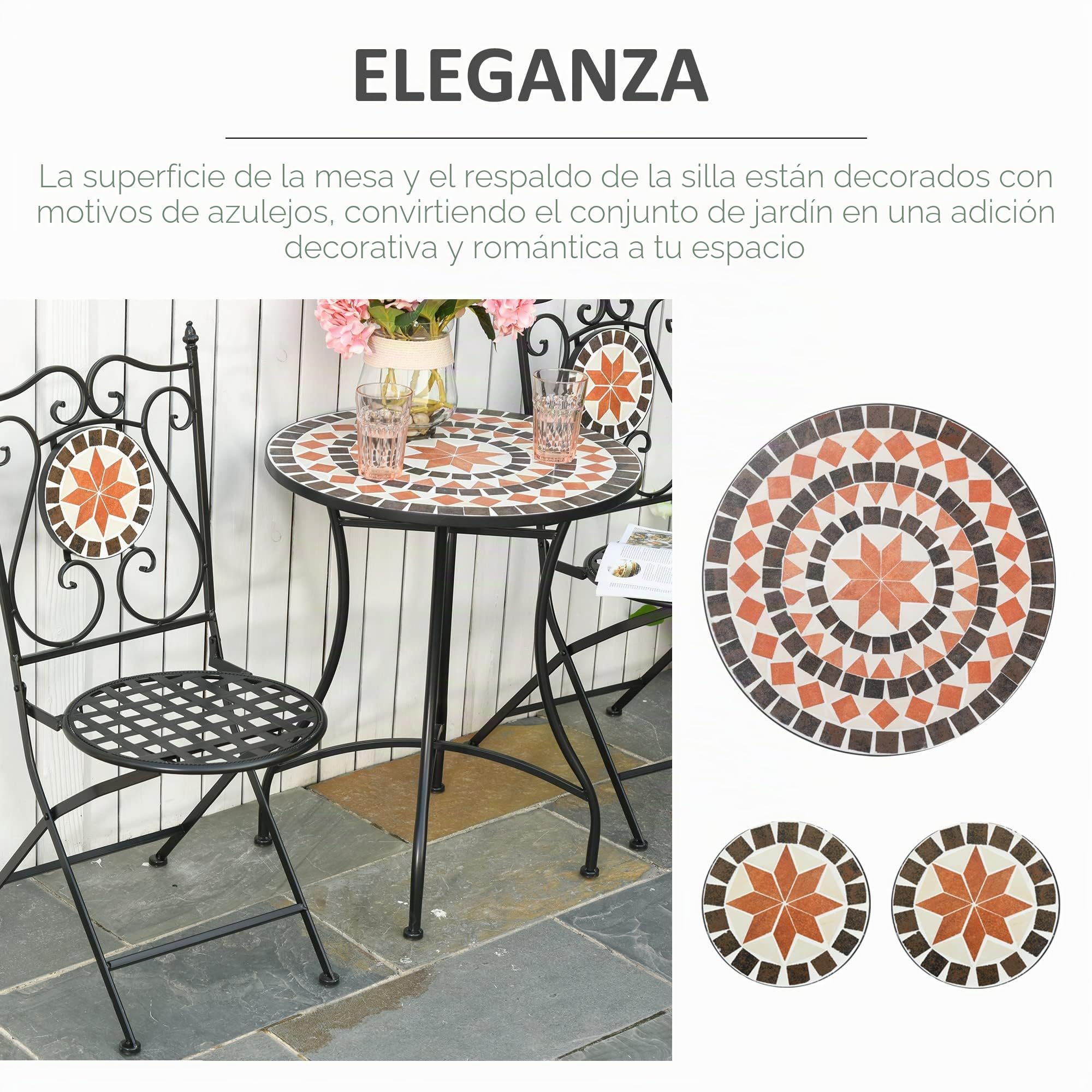 Outsunny 3 Piezas Mosaico Set Bistro, Mesa, 2 Sillas Plegables Negras | Asientos Exteriores, Marco de Metal, Elegante Volutas, Interior Patio Balcón