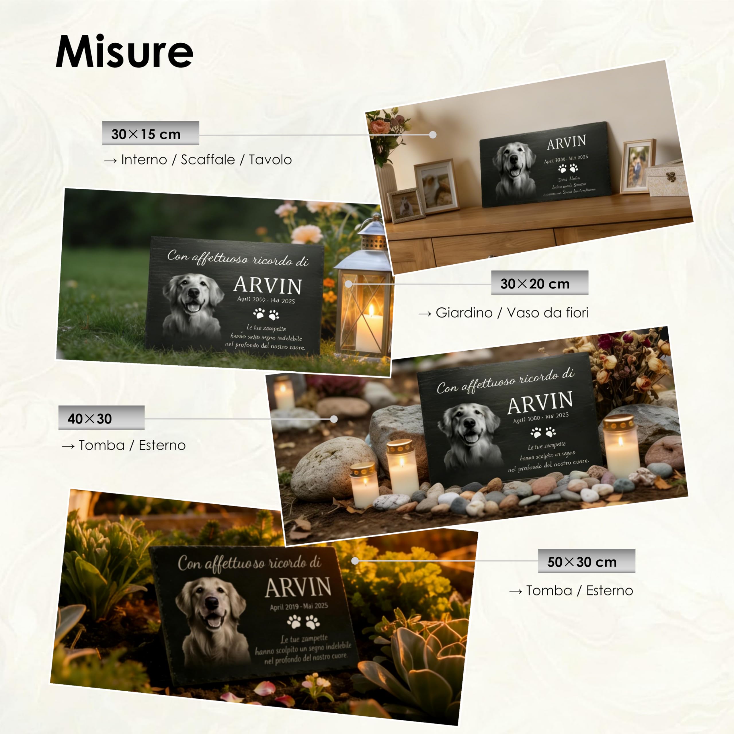 Pietra Commemorativa Cane in Ardesia – Lapide per Animali Esterno Personalizzata, Targa Memoriale per Cani Resistente alle Intemperie – Foto, Nome e Testo Personalizzabili – Giardino / 30x15–50x30 cm