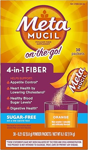 Metamucil On-The-Go, suplemento de fibra de cáscara de psyllium, fibra 4 en 1 para la salud digestiva, sin azúcar, sabor a naranja, 30 unidades x 2