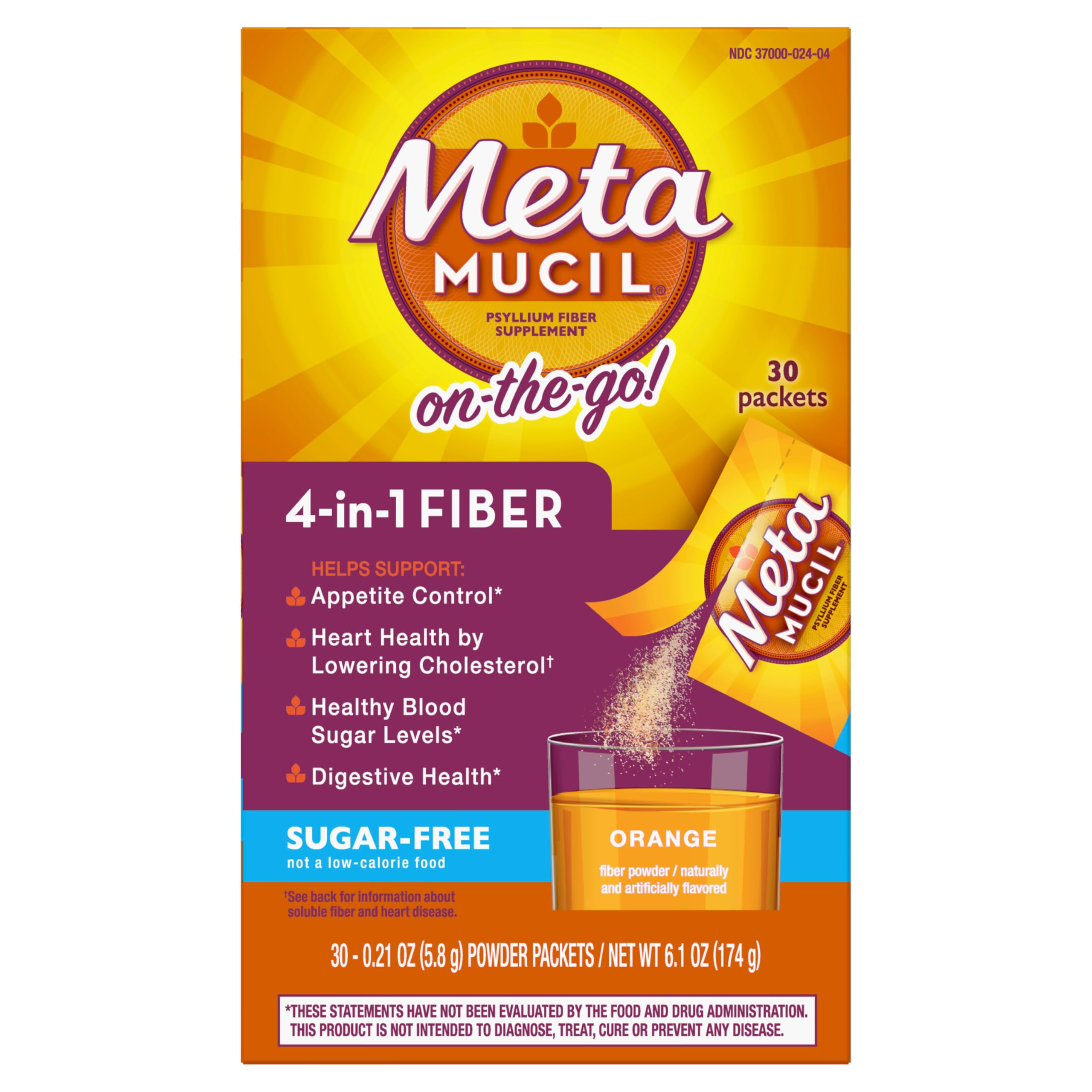 Metamucil On-The-Go, Psyllium Husk Fiber Supplement, 4-in-1 Fiber for Digestive Health, Sugar Free, Orange Flavor, 30 Count x 2 Packs (60 Count Total)