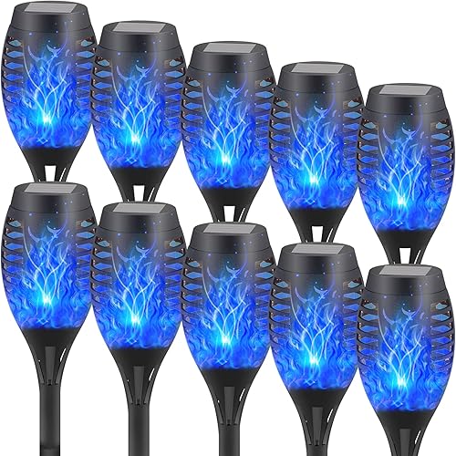 Miniatura 1 de Paquete de 10 antorchas de luces solares, luz LED azul parpadeante para exteriores, impermeable, funciona con energía solar, luces de camino,