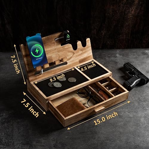 Miniatura 7 de Estación de acoplamiento para teléfono como regalo para hombres, estante de pistola de madera como organizador de mesita de noche para caja fuerte