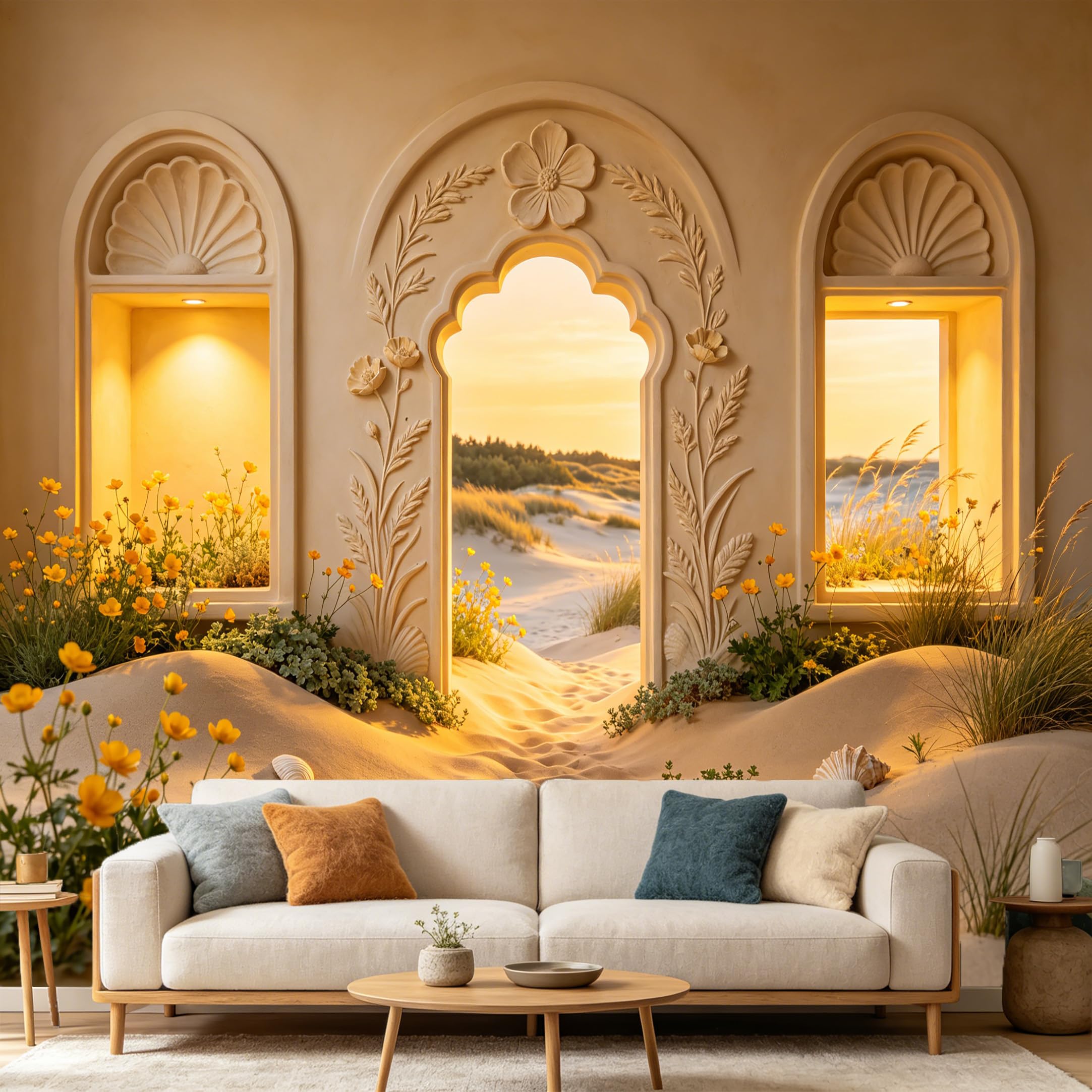 Custom Size Wall Mural， 3D Trompe L'Oeil Desert Sunset Sand Dunes Flower Archway， SelfAdhesive Art Prints wall Fabric Removable Large Wallpaper Home Living Room Decor